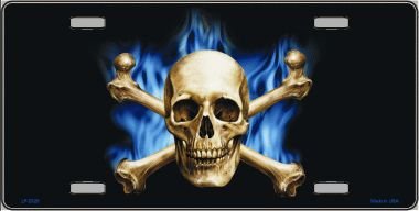 Blue Flame And Crossbones Metal Novelty License Plate Tag Lp-2320