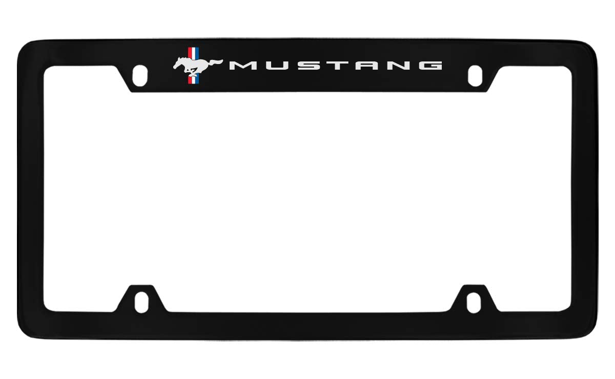 Ford Mustang Pony Black Coated Metal Top Engraved License Plate Frame Holder
