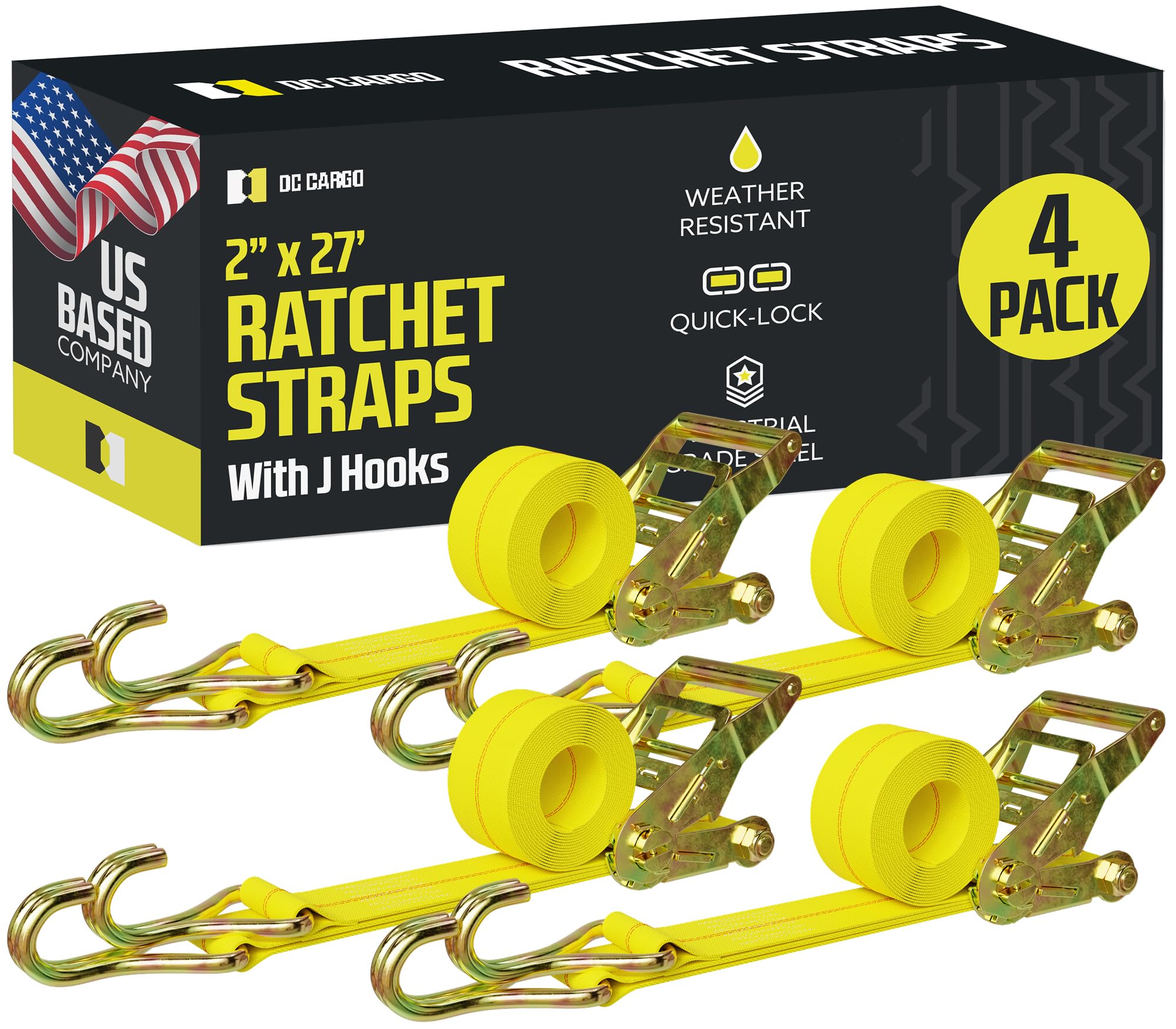 Dc Cargo Tie-Down Ratchet Straps J-Hooks, (Pack Of 4) Heavy Duty 2 X 27' Tie-Down Ratcheting Cargo Truck Straps Wire Hook Ends, J-Hook Ratchet Strap Tie-Downs