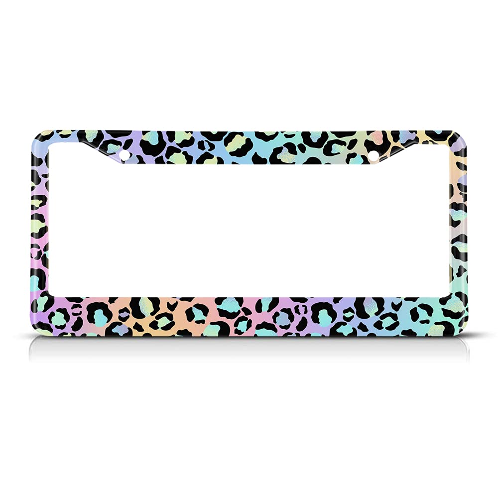 Beabes Blue Leopard License Plate Frame Animal Rainbow Car Frames, License Plates Holder, Big Cat Bright Color License Plate Cover Aluminum Metal Frames For Women Men Auto Decoration