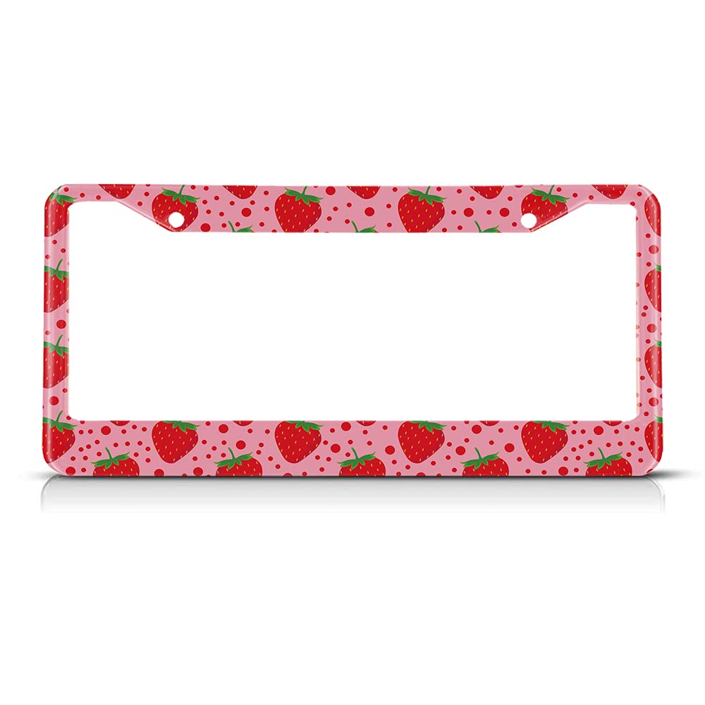 Beabes Cute Strawberry Pattern Fruit Pink License Plate Holder Polka Dots Red Frame License Plate Cover Car Accessories 2 Holes Novelty Auto Car Tag Vanity Present