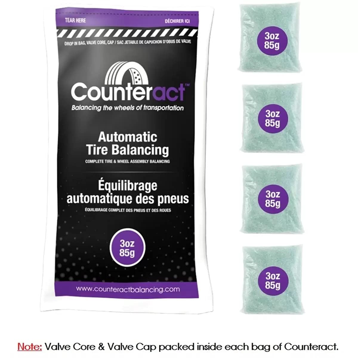 Counteract 3Oz-B4 Centrifugal Force Tire/Wheel Balancing Beads - Off-Road Vehicles, Light Duty Truck Tires, (4) 3Oz Balance Bead Bags, (4) Valve Caps And Cores