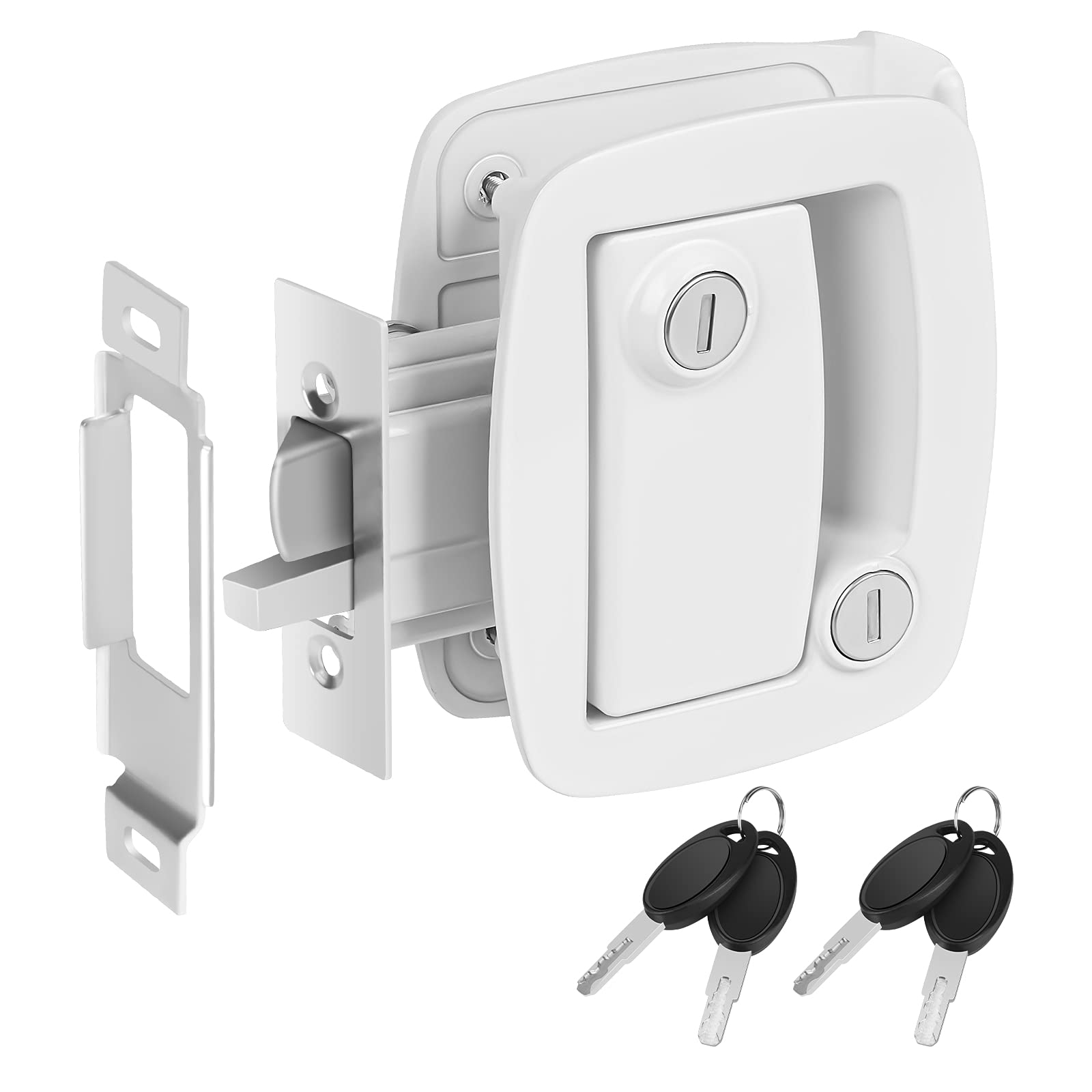 Welluck Rv Entry Door Lock W/Paddle Deadbolt, 100% Metal Camper Door Latch Handle, Zinc Alloy Rv Door Lock Replacement Kit For Camper Horse Travel Trailer Cargo Hauler, Polar White, Not Key Alike