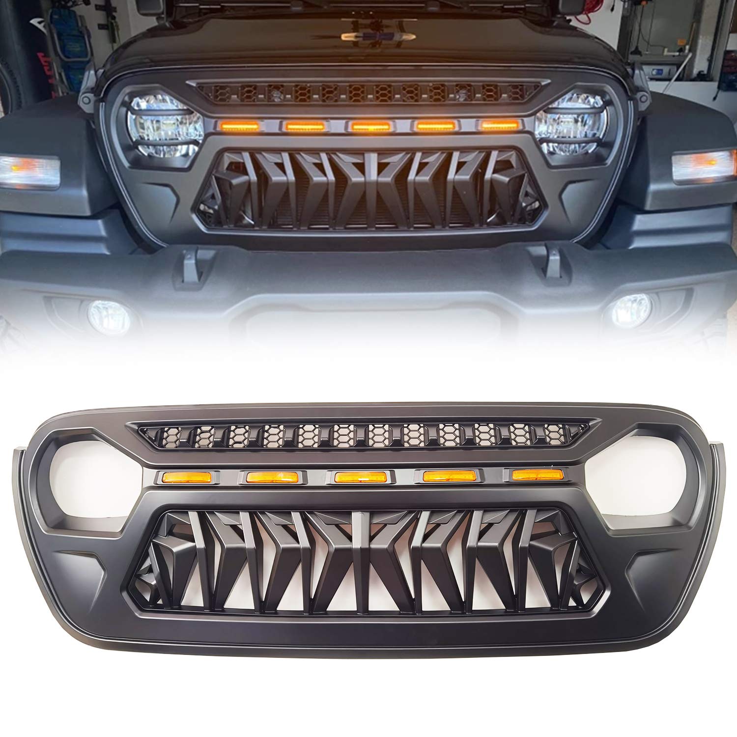Toxicstorm Mesh Grille Front Grill Cover Matte Black With Amber Led Running Lights For 2018 And Up Jeep Wrangler Jl Jlu Jt Gladiator Accessories
