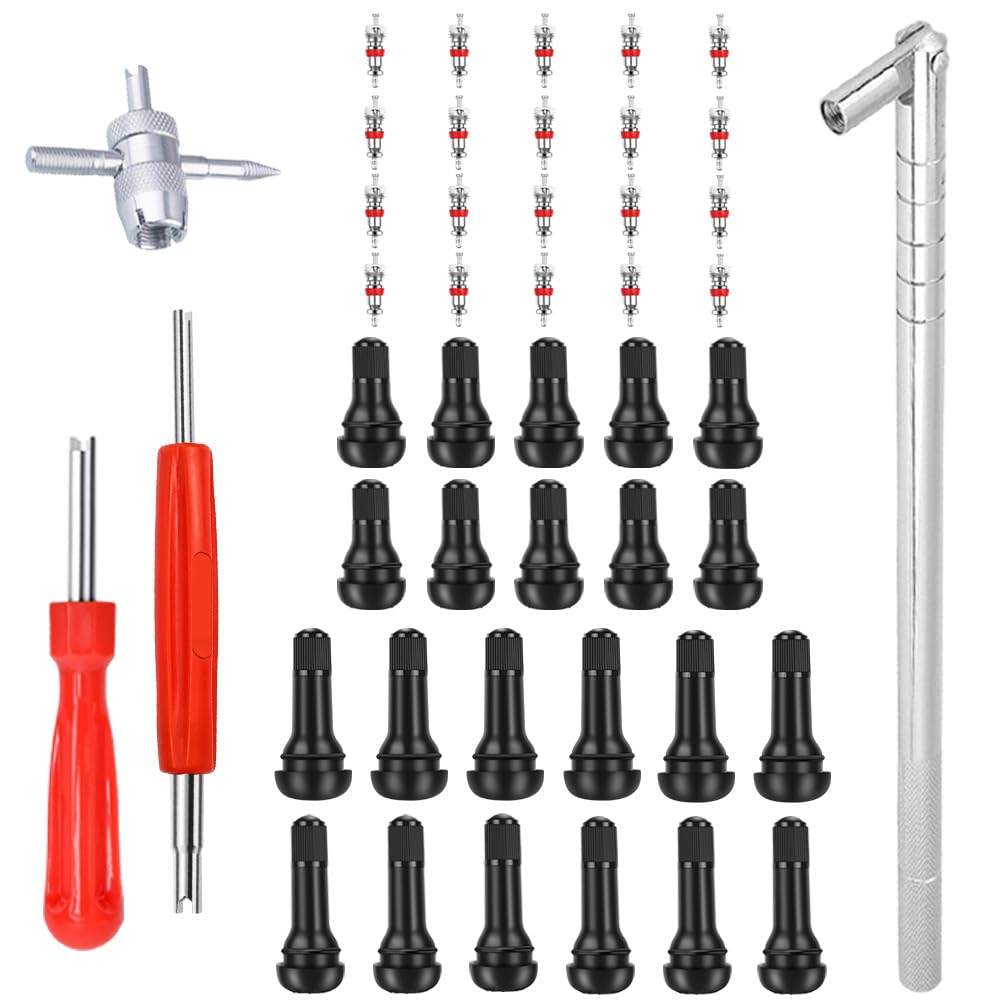 Riseuvo Valve Stem Puller Installer Tool - 10Pcs Tr412, 6Pcs Tr413, 6Pcs Tr414 Tire Snap In Short Rubber Valve Stem, 4 Way Valve Core Remover, Single Head Tire Valve Core Remover Installer Tool
