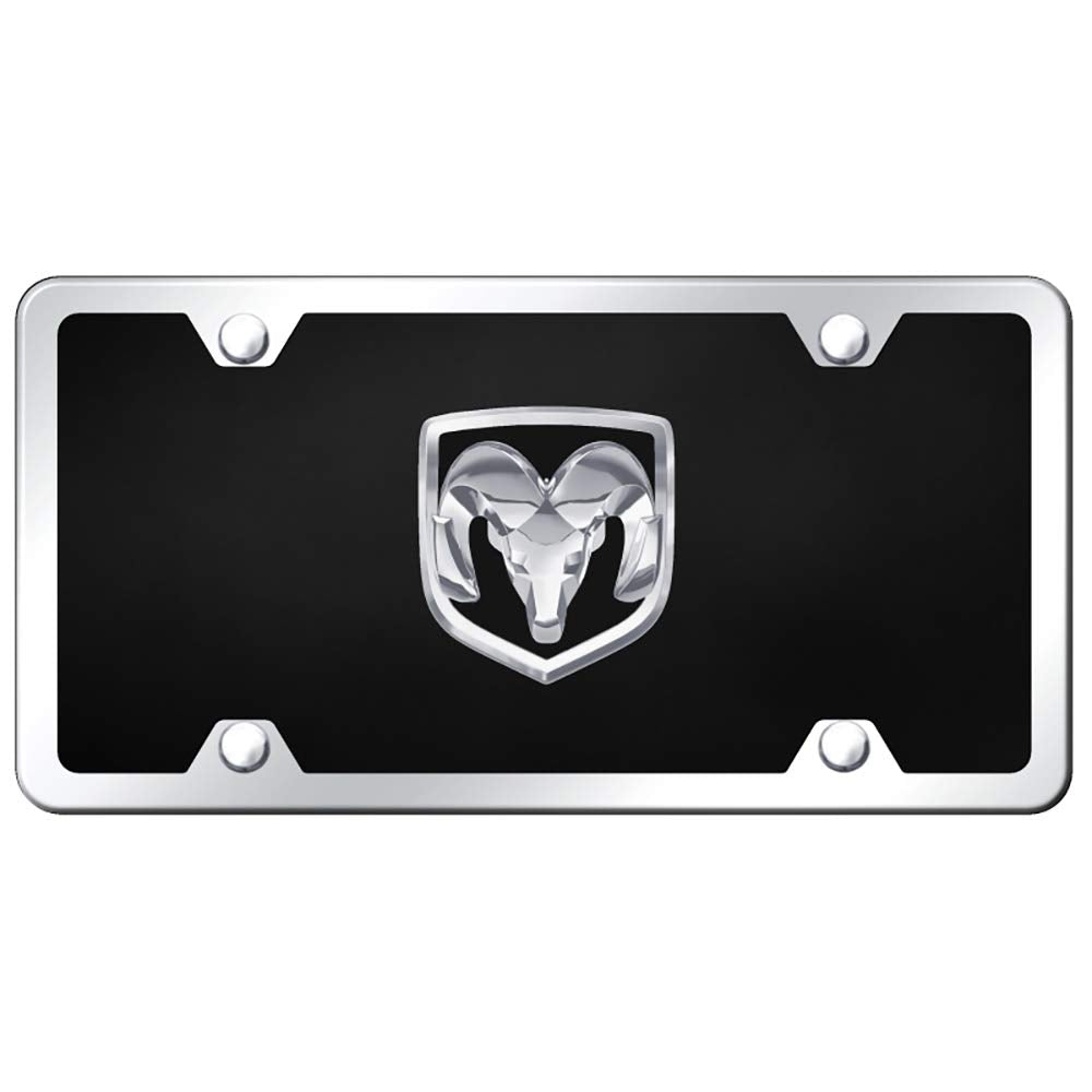 Au-Tomotive Gold, Inc. Dodge Ram 3D Logo Black Acrylic License Plate With Chrome Frame Kit