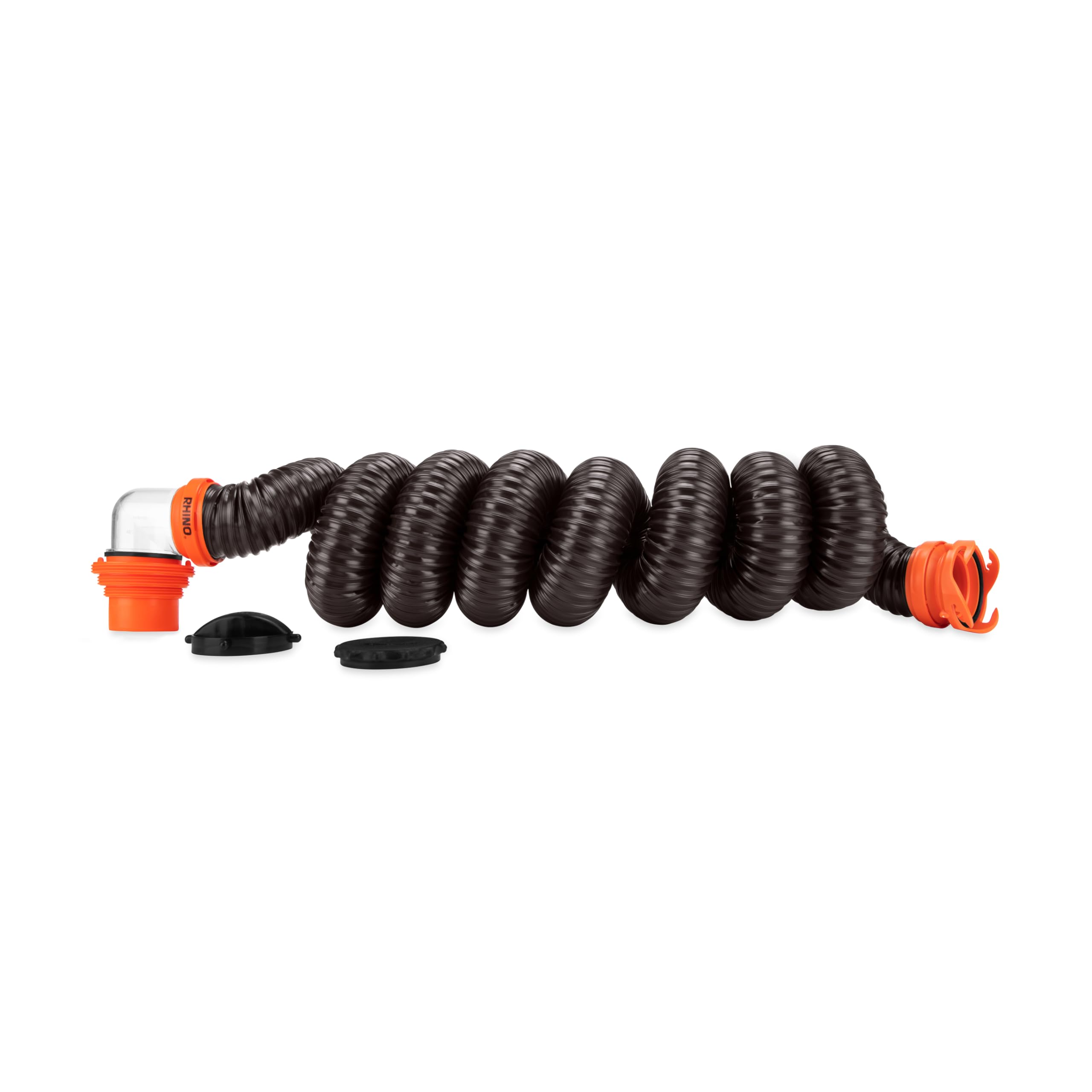 Camco Rhinoflex 15-Ft Camper/Rv Sewer Hose Kit - Features Clear Elbow Fitting W/Removable 4-In-1 Adapter - Connects To 3” Slip Or 3”/3.5”/4” Npt Threaded Sewer Connection (39761)