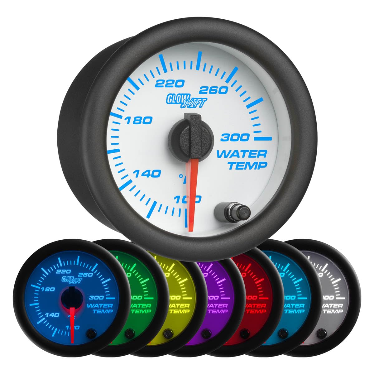 Glowshift White 7 Color 300 F Water Coolant Temperature Gauge Kit - Includes Electronic Sensor - White Dial - Clear Lens - For Car & Truck - 2-1/16 52Mm