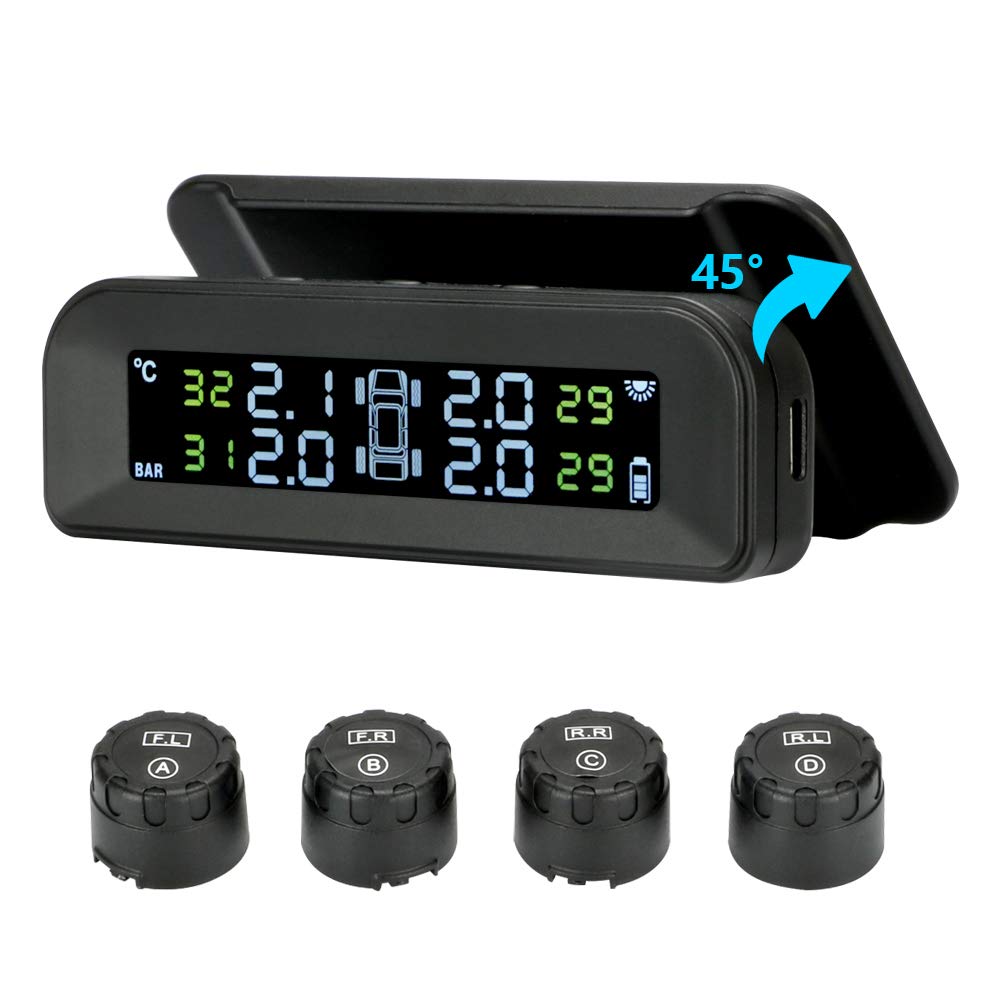 Tire Pressure Monitoring System Wireless Solar Tpms, Tire Pressure Monitor Installed On Windowshield With 4 External Sensors Real-Time Display Temperature Pressure 22-87 Psi For Car Rv Suv Mpv Sedan
