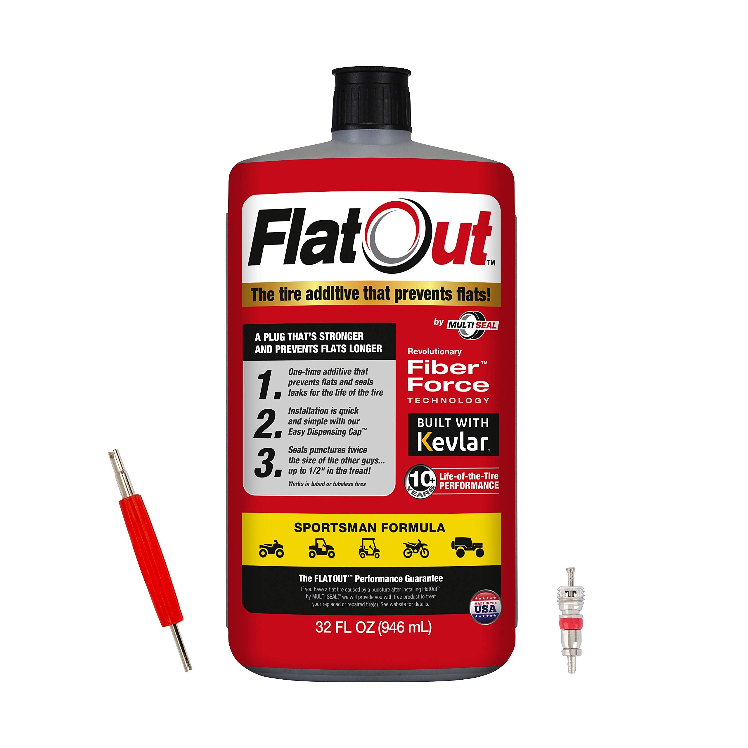 FlatOut Tire Sealant Sportsman Formula - 32 oz Bottle, Prevents Flat Tires, Seals Leaks, Contains Kevlar, 1-Pack