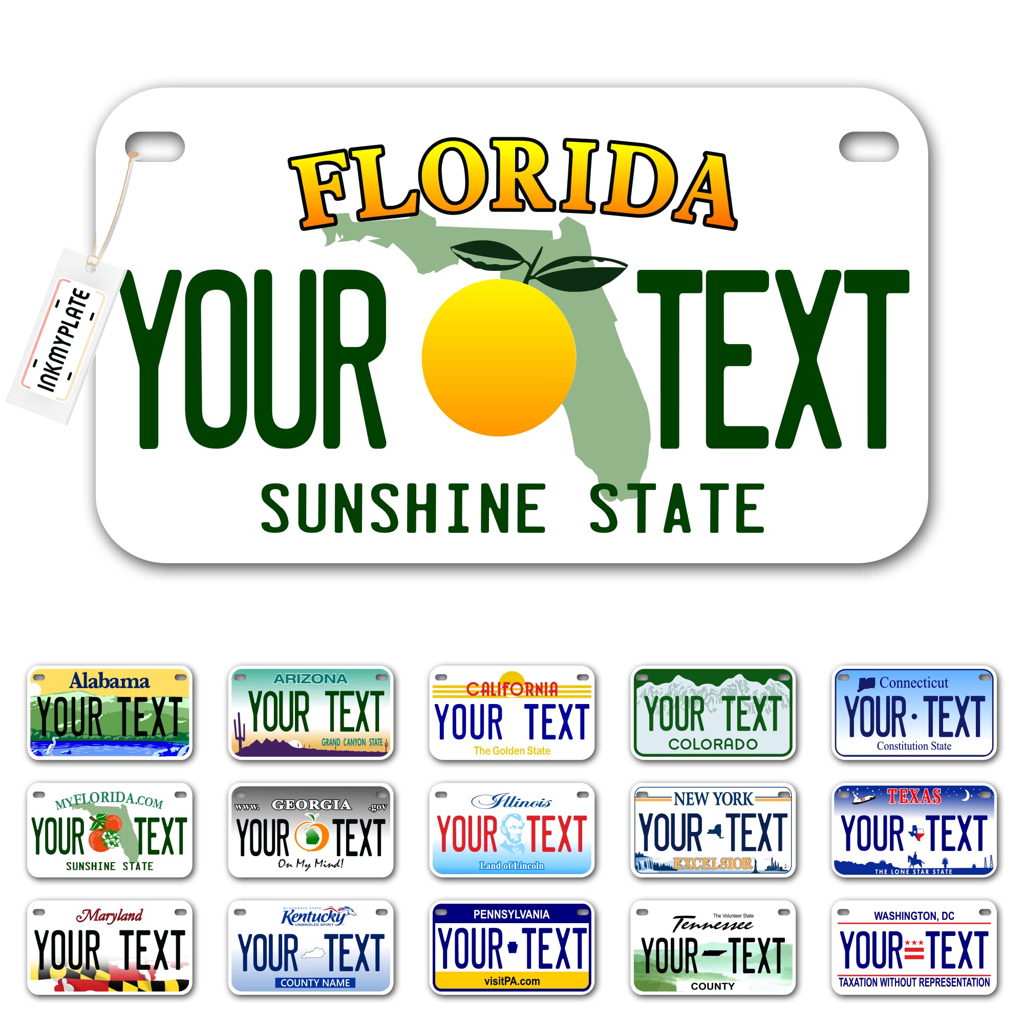 Inkmyplate Personalized Florida Small License Plate | Motorcycle 7X4 In | 3 Sizes | Custom License Plates For Kids Bicycles | Power Wheels | Wagons | Atv | Usa Thick .040 Aluminum