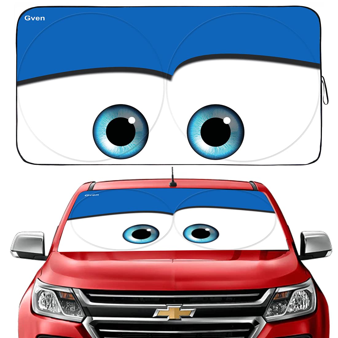 Gven Windshield Shade, Car Sun Shade For Front Windshield Funny Car Eyes Sunshades Sun Visor Protector Blocks Uv Rays Foldable 210T Keep Your Vehicle Cool (Eyes-Blue, Standard)