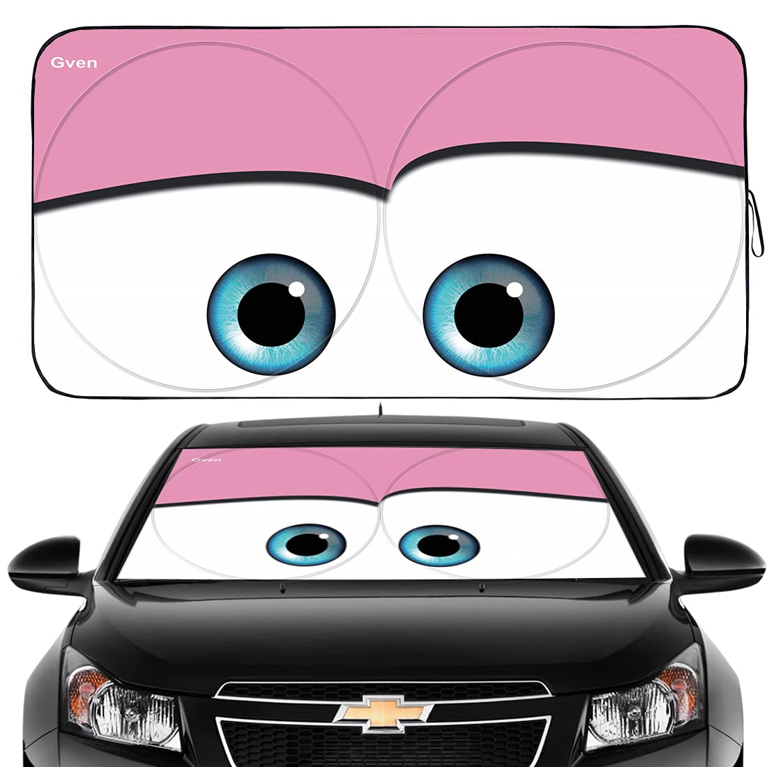 Gven Windshield Shade, Car Sun Shade For Front Windshield Funny Car Eyes Sunshades Sun Visor Protector Blocks Uv Rays Foldable 210T Keep Your Vehicle Cool (Eyes-Pink, Large)