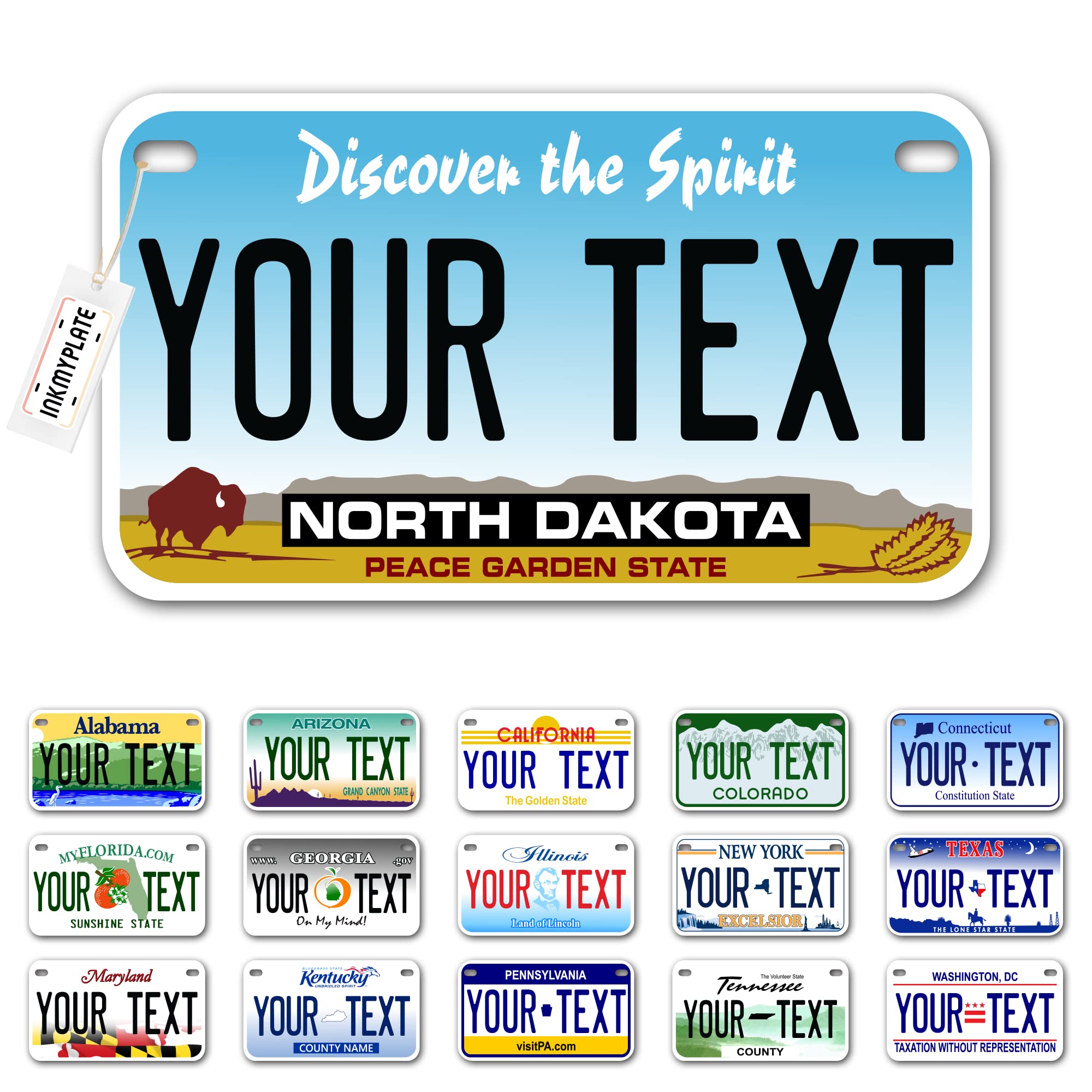 Inkmyplate Personalized North Dakota Small License Plate | Motorcycle 7X4 In | 3 Sizes | Custom License Plates For Kids Bicycles | Power Wheels | Wagons | Atv | Usa Thick .040 Aluminum
