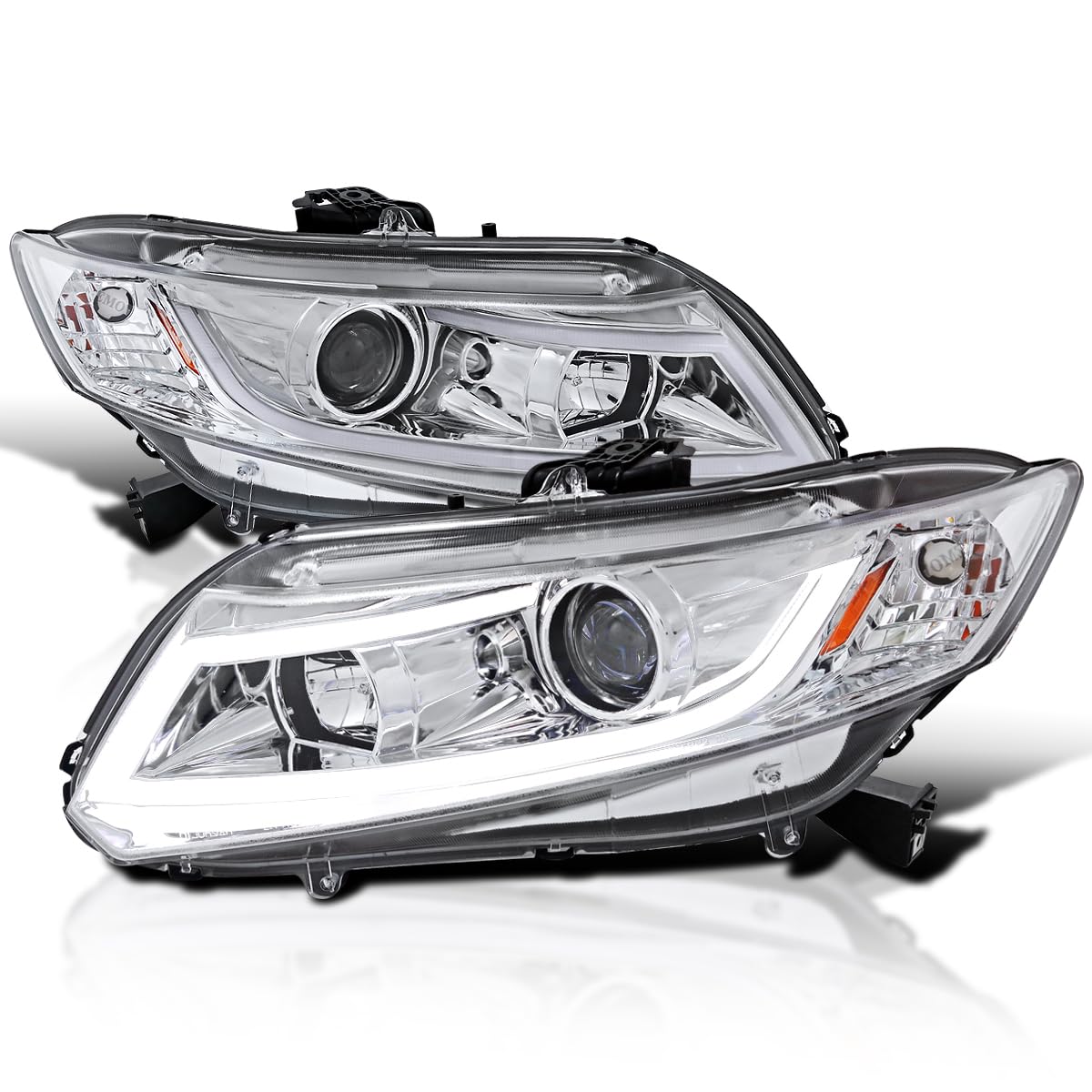 Spec-D Tuning Chrome Housing Clear Lens Projector Headlights W/New Led Light Bar Compatible With 2012-2015 Honda Civic 4Dr Sedan, 2012-2013 Honda Civic 2Dr Coupe Left + Right Pair Headlamps Assembly