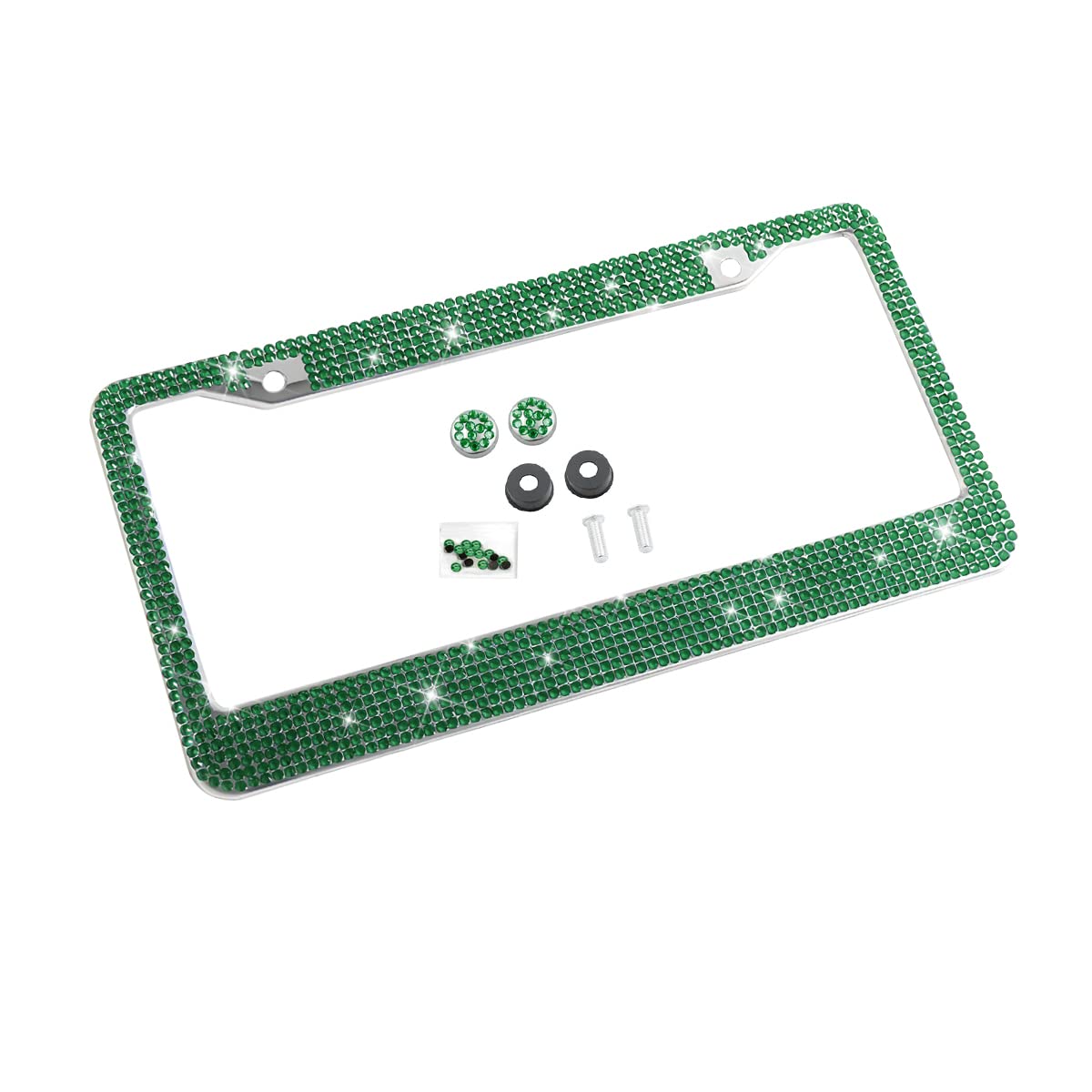 Yalok Bling Car License Plate Frame, Sparkly Rhinestone Stainless Steel License Plate Cover/Holder, Universal For Most Cars, Suvs, Vehicles With Screw Set, Auto Accessories For Women (Dark Green)