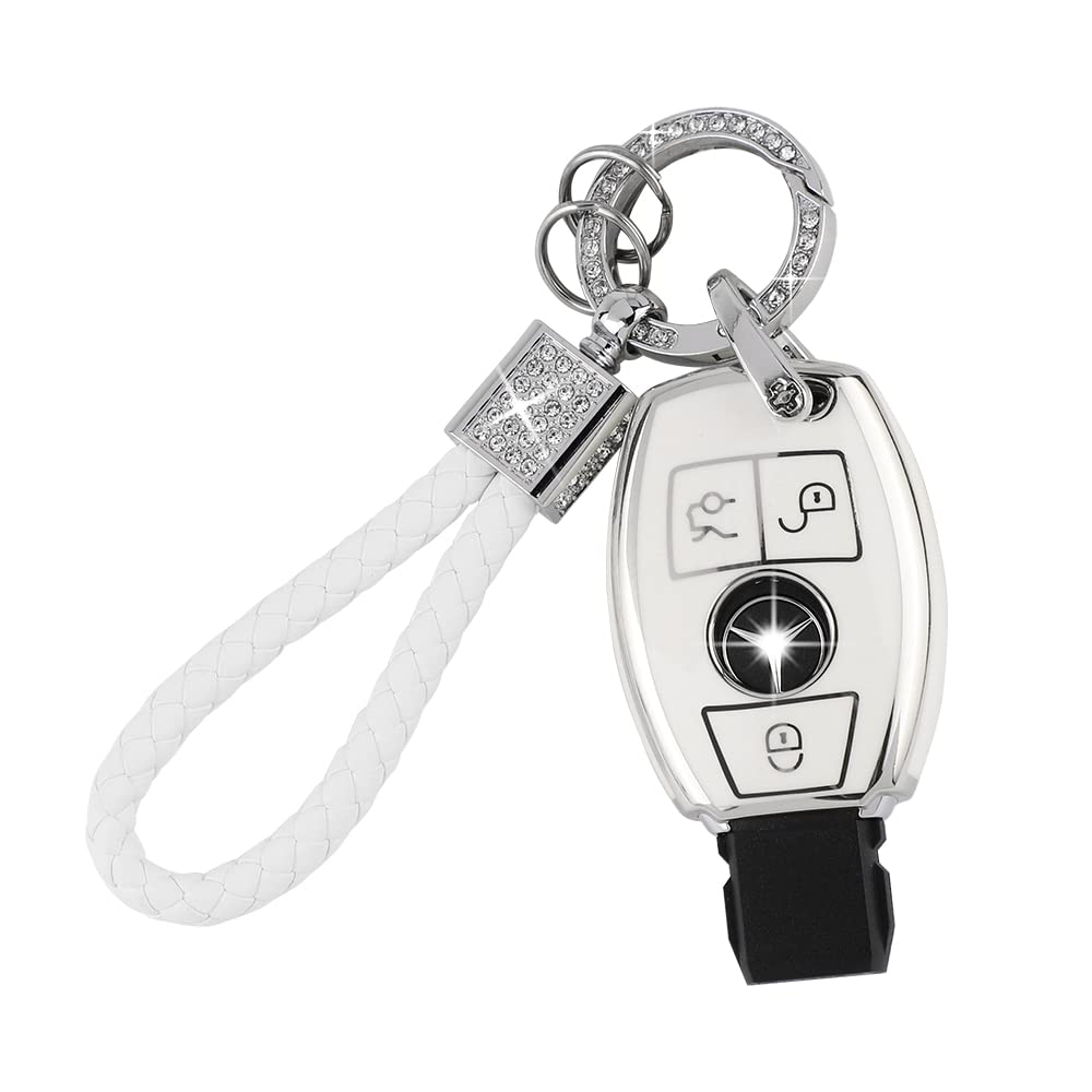 Pifoog For Mercedes Key Fob Cover 3 Buttons Soft Tpu Keys Protector Bling Keychain For Mercedes Benz C E M S Cls Cla Glk Gla Glc Gle Amg Class Girly Cute White Silver