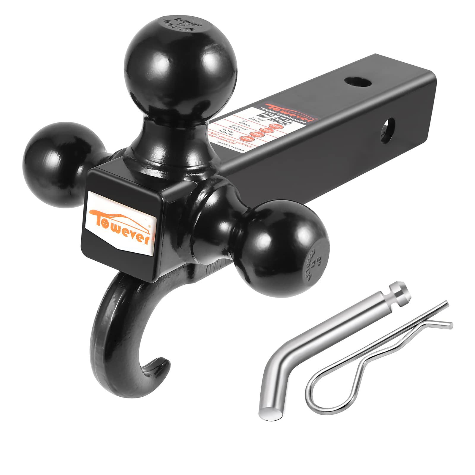 Towever 84181P Towever Class 3/4 Trailer Hitch 2 Inch Ball Hitch With Hook (Black, Hollow Shank), For Pickup Truck Hitch Receiver Pin And Clip Included