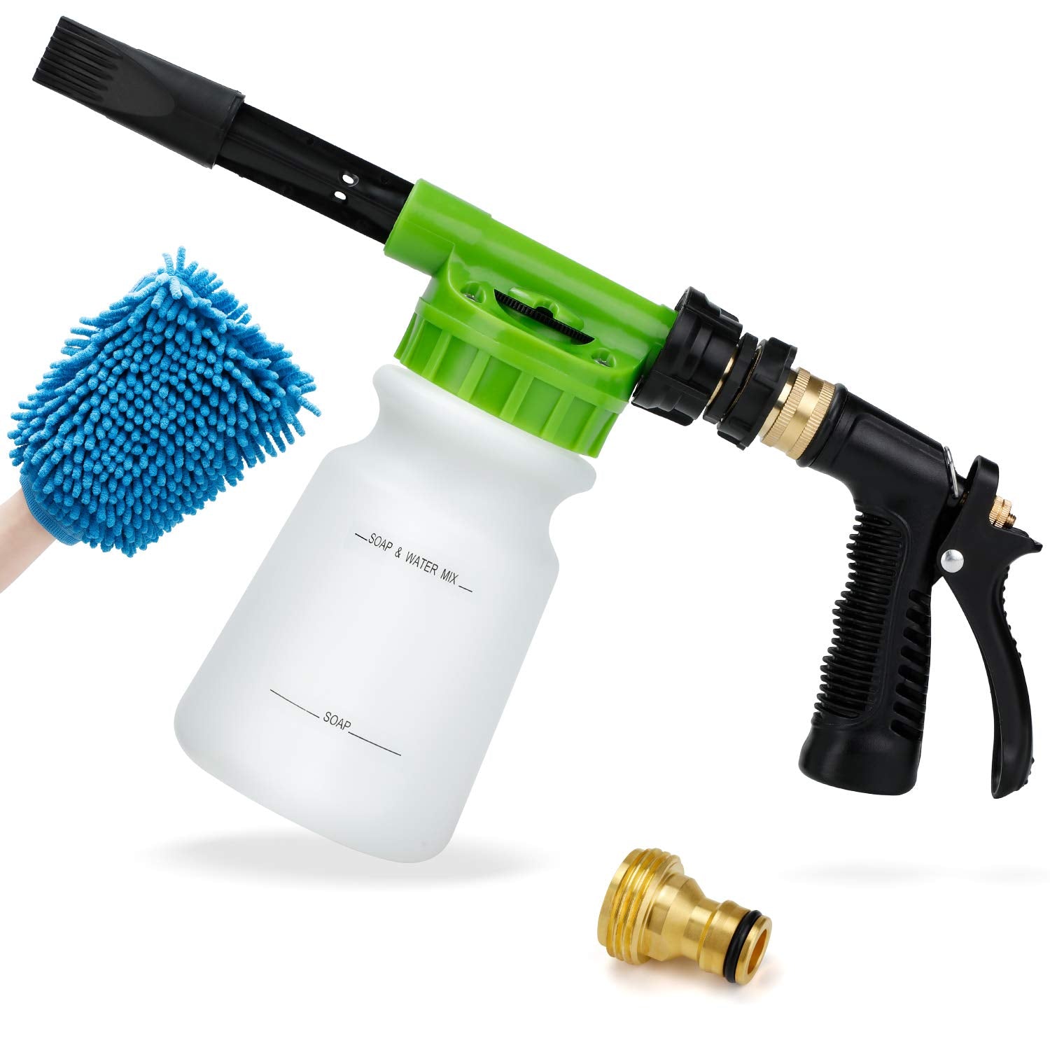 Ohuhu Car Wash Foam Gun, Car Wash Soap Sprayer With 3/8 Brass Connector & Car Washing Mitts, Dual Filtration, 6 Levels Of Foam Concentration, Quick Connect To Most Garden Hose (Green)