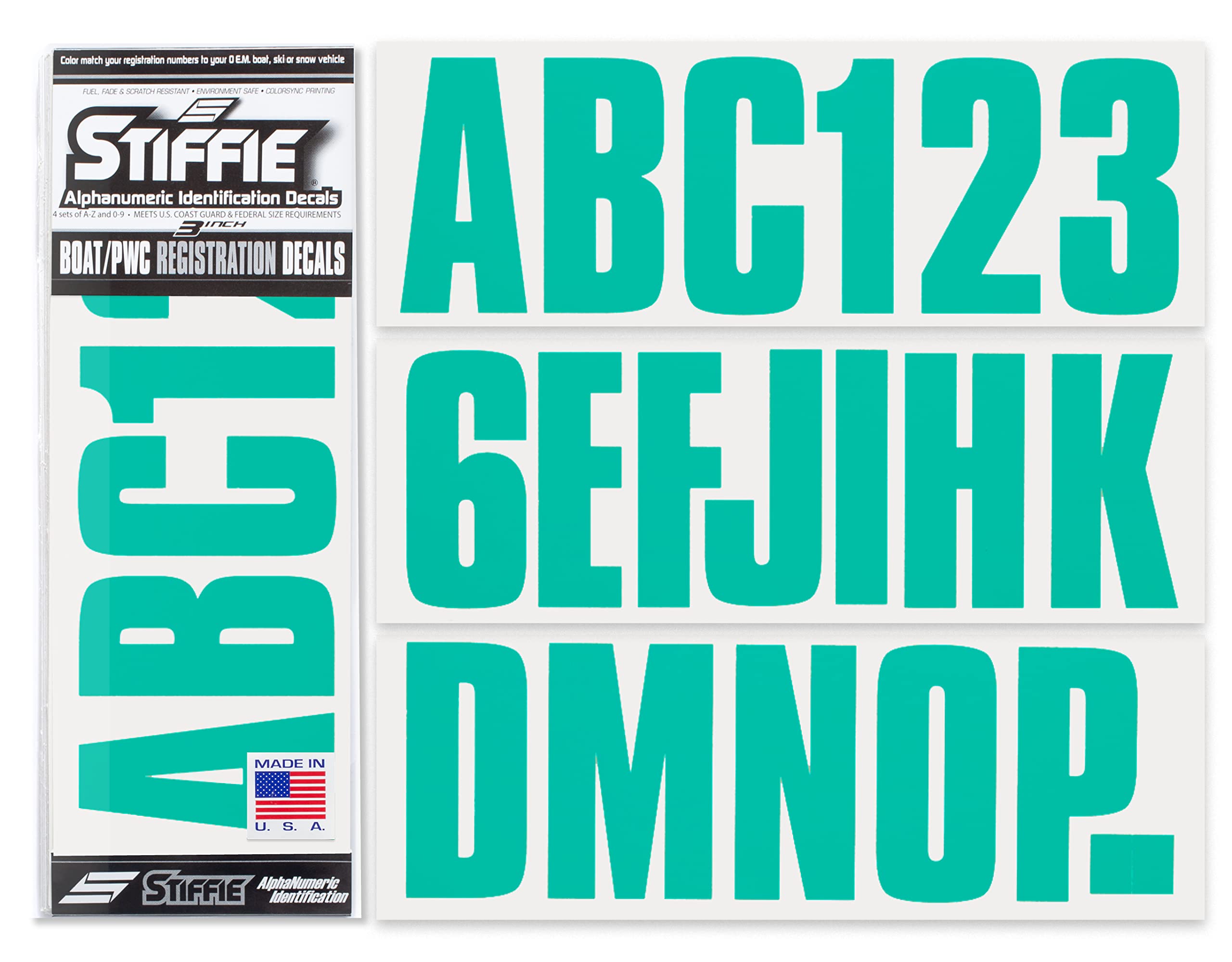 Uniline Sea Teal 3 Alpha-Numeric Registration Identification Numbers Stickers Decals For Boats & Personal Watercraft