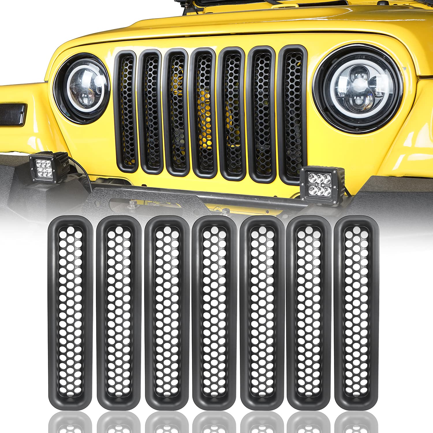 Hooke Road Black Front Grill Mesh Inserts Clip-In Honeycomb Grille Guards For 1997-2006 Jeep Wrangler Tj & Unlimited (Pack Of 7)