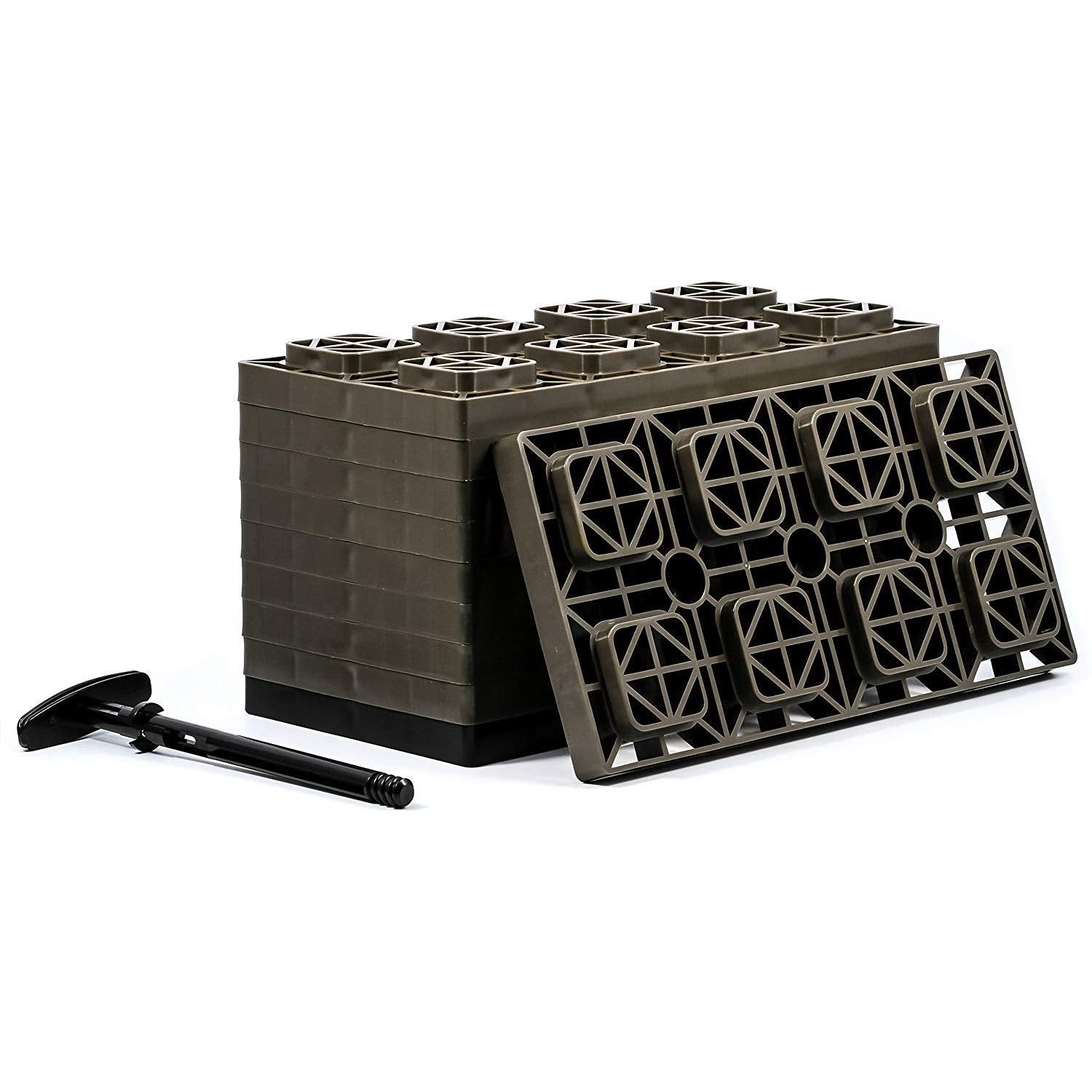 Camco 21025 Fasten 4X2 Leveling Block For Dual Tires, Interlocking Design Allows Stacking To Desired Height, Includes Secure T-Handle Carrying System, Brown (Pack Of 10)