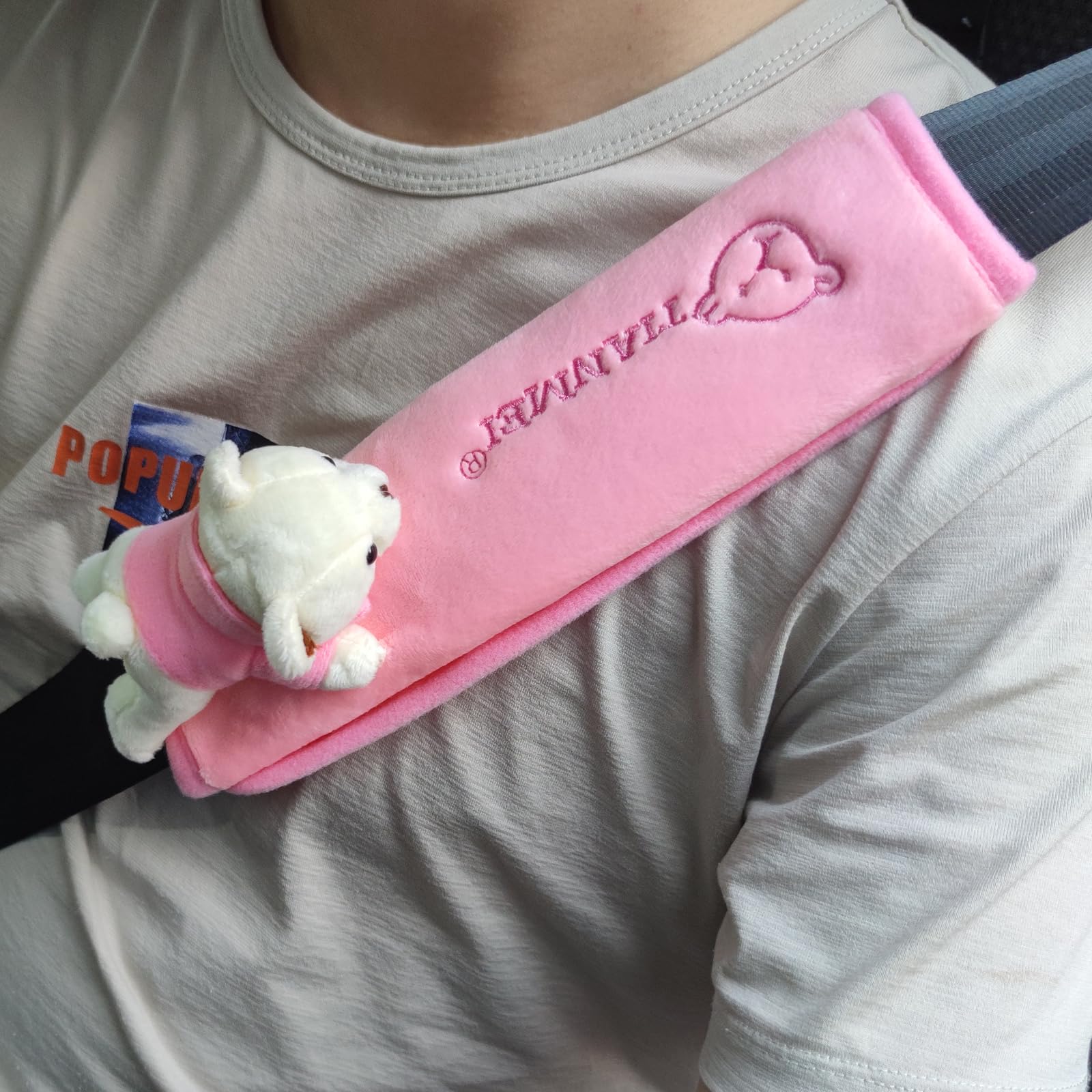 Tianmei 2Pcs Bear Doll Styling Faux Suede Car Seat Belt Strap Cover Shoulder Strap Pad (Pink Color)