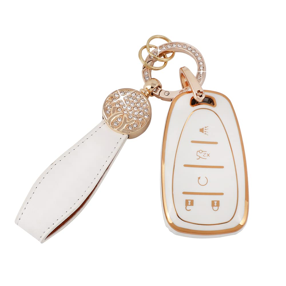 Pifoog Tpu Key Fob Cover For Chevy Equinox Camaro Traverse 5 Buttons Car Key Covers With Keychain Soft Key Shell Case Compatible Malibu Blazer Trailblazer Spark Gold White