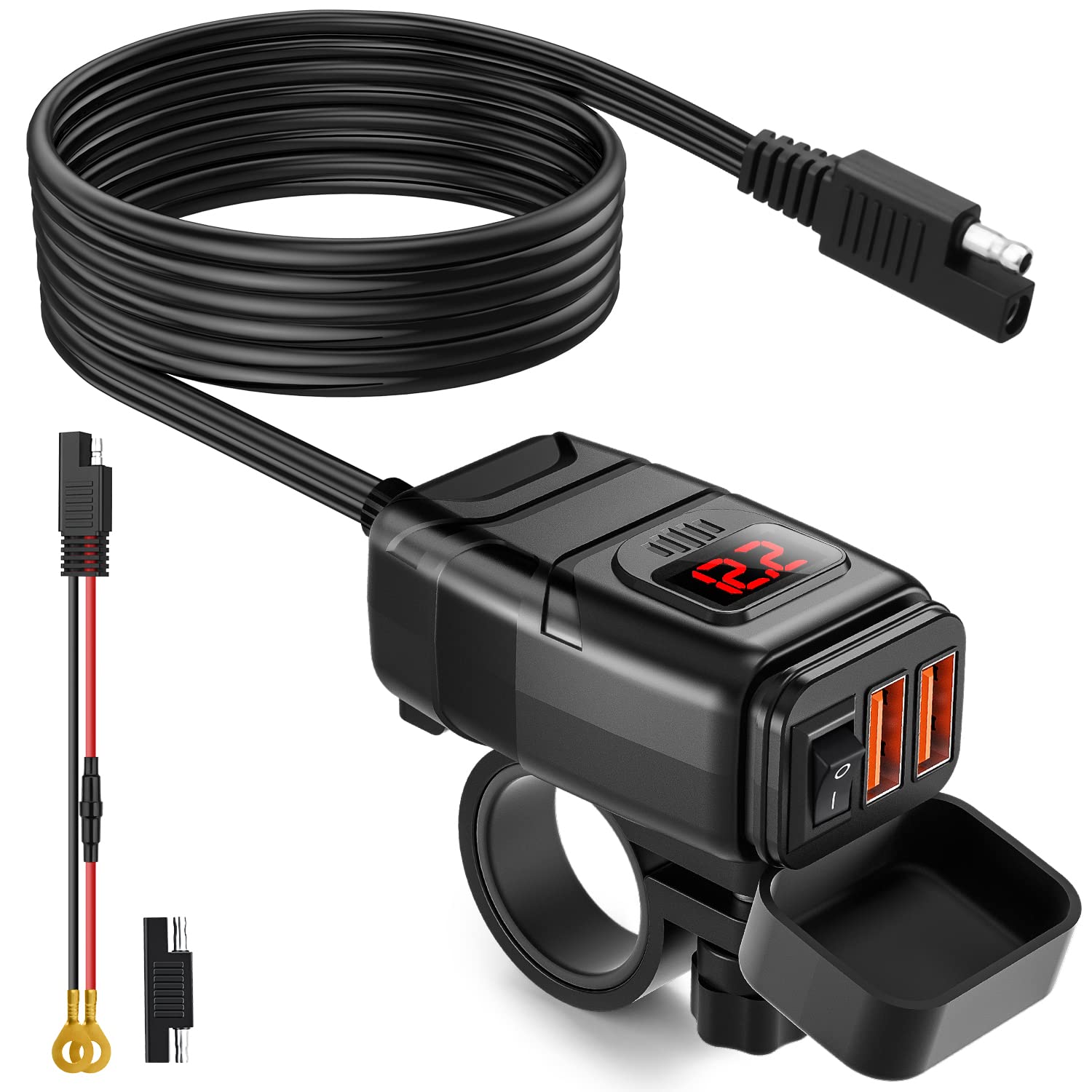 Extractme Motorcycle Usb Charger, 6.8A Quick Charge 3.0 Dual Usb Motorcycle Phone Charger With Voltmeter & On/Off Switch, Waterproof Quick Disconnect Sae To Usb Adapter For Phone, Tablet, Gps