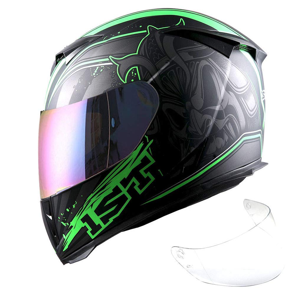 1Storm Motorcycle Full Face Helmet Skull King Matt Green+ One Extra Clear Shield, Size Large (57-58 Cm,22.4/22.8 Inch)
