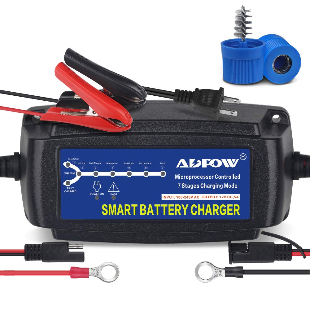 Adpow 5A 12V Automatic Smart Battery Charger Automotive Maintainer 7-Stages Trickle Charger For Deep Cycle Battery Car Marine Trolling Motor Boat Truck Lawn Mower Rv Agm With Terminal Cleaning Brush