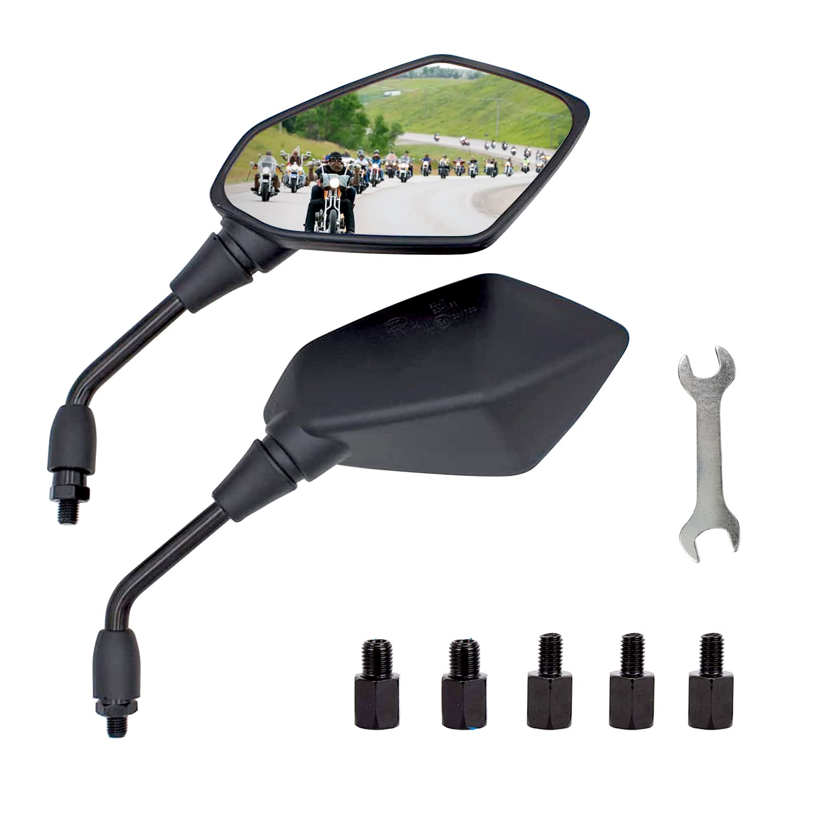 Mamiko Universal Motorcycle Rear View Mirrors, M8/M10 Threaded, Black, Eagle Eye 1, Compatible with Scooters, ATVs, Dirt Bikes, Cruisers