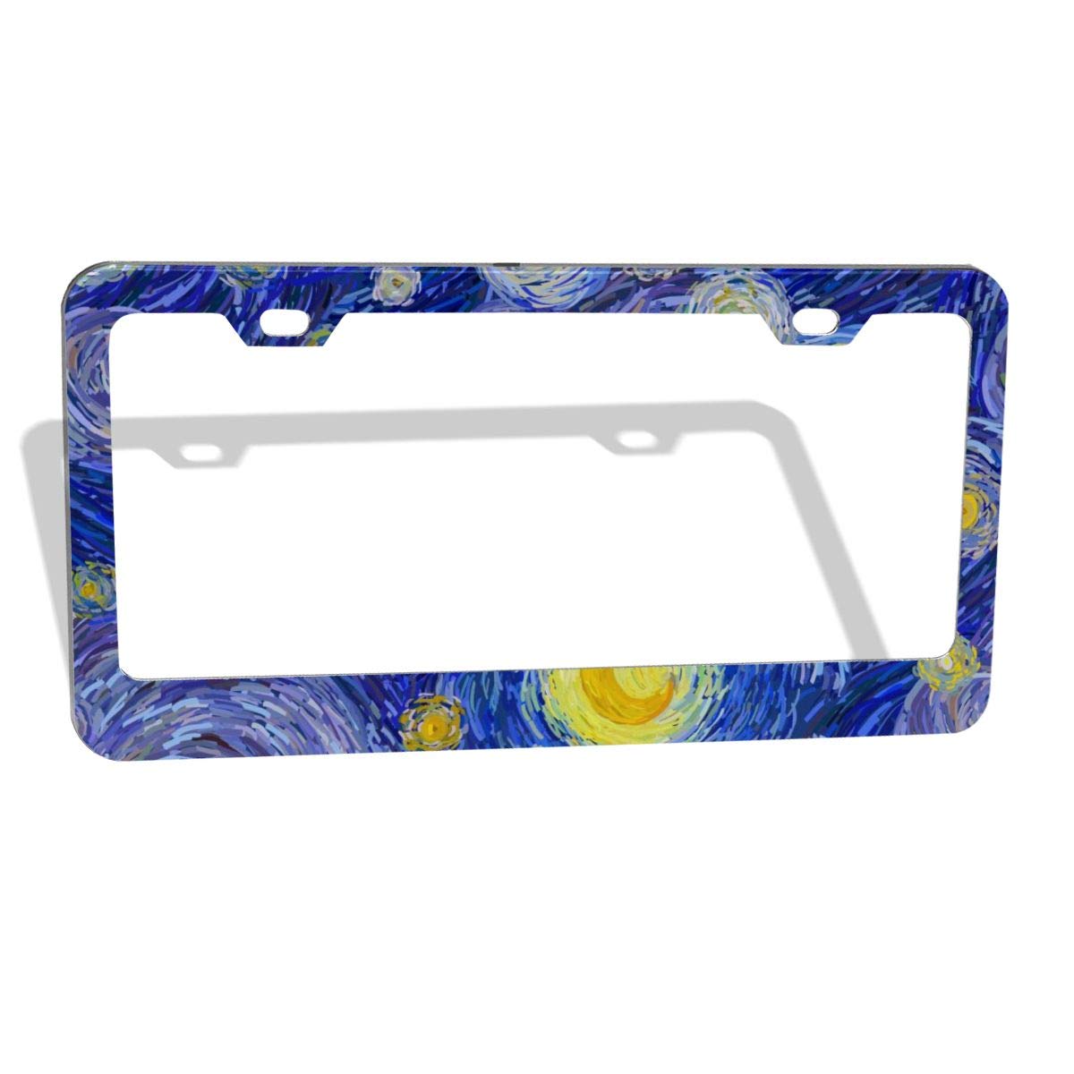 Dzglobal Starry Night License Plate Frame Print Auto Tag Frames Art Oil Painting License Plates Holder 2 Holes Decorative Car Plates Cover Blue For Men Women