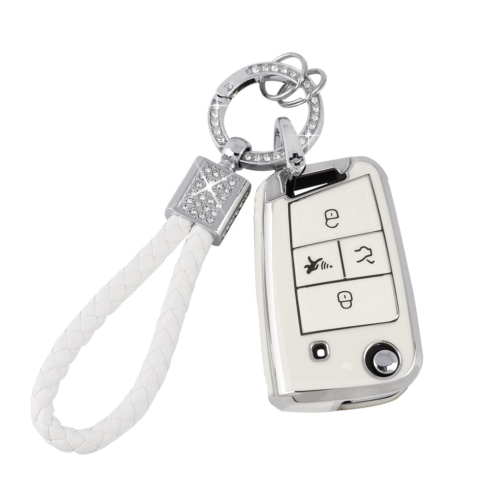 Pifoog For Volkswagen Vw Key Fob Cover Tiguan Golf Gti Altas Jetta Accessories 4 Button Soft Tpu Car Keys Case Protector Bling Keychain Landyard Girly White Silver