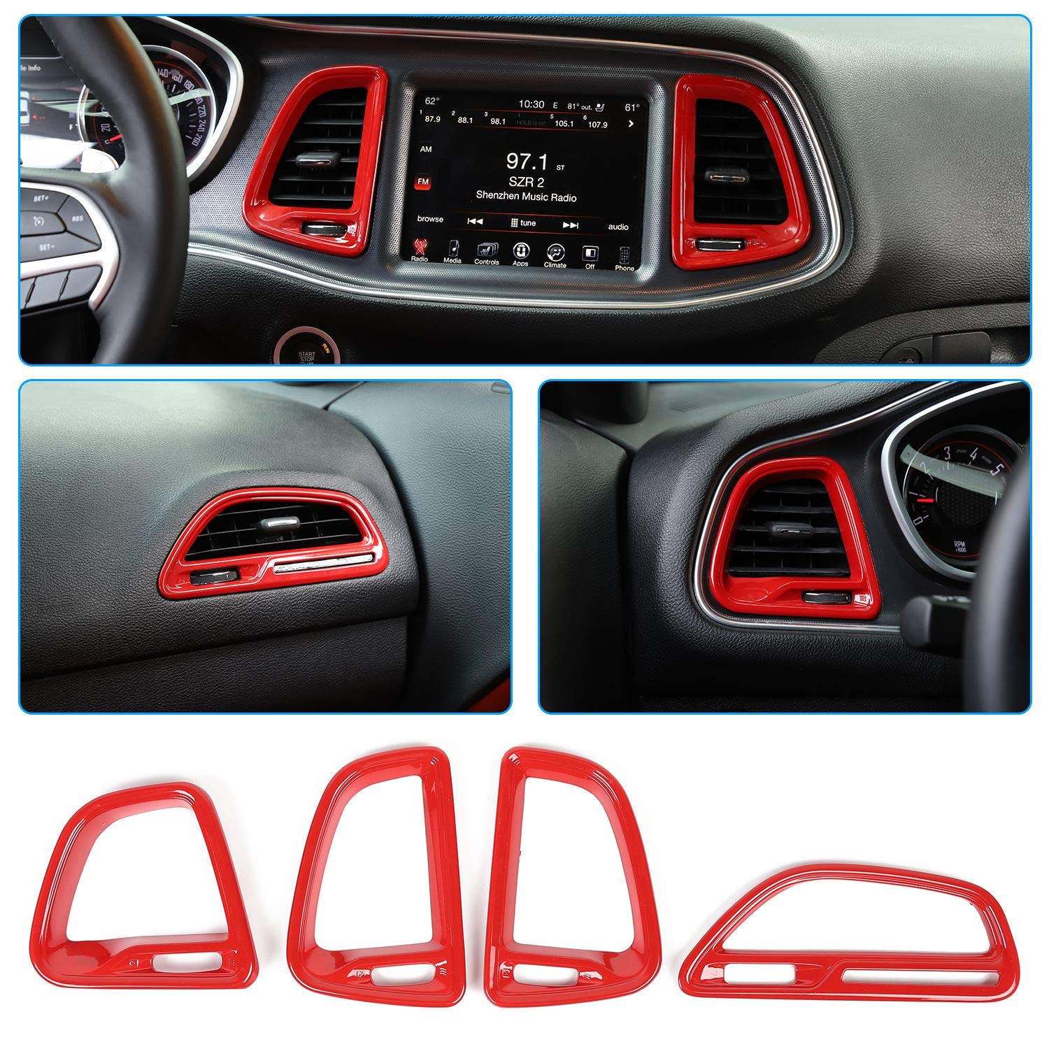 Voodonala For Dodge Challenger 2015-2024 Center Console Air Condition Outlet Vent Trim Accessories For Dodge Challenger 2015 2016 2017 2018 2019 2020 2021 2022 2023 2024(Red, 4Ps)
