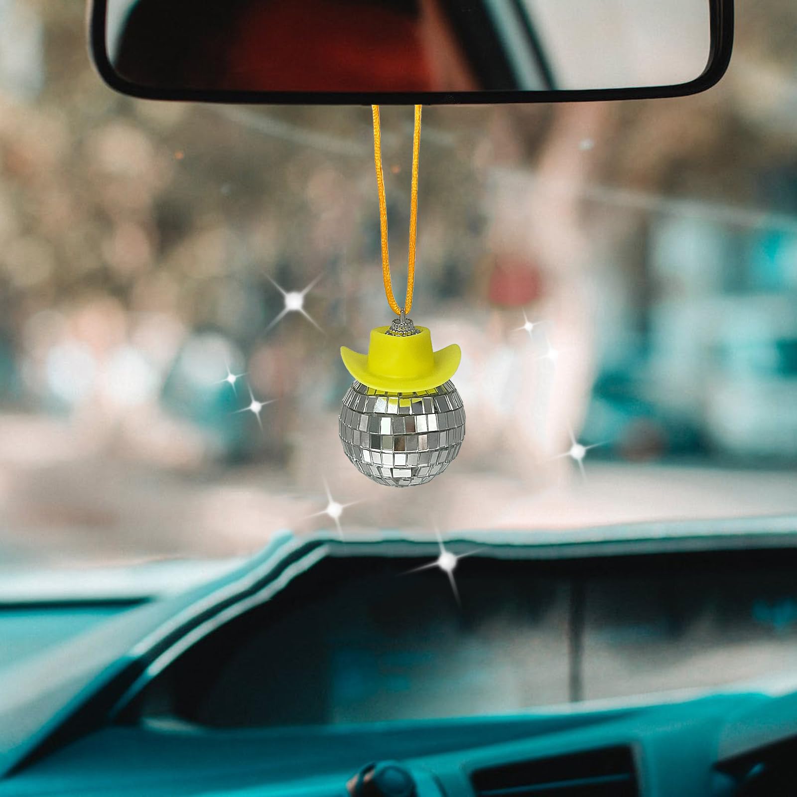 Spansee Yellow Disco Car Charm, Disco Cowgirl Car Charm, Disco Ball Cowboy Hat Car Accessory, Car Disco Ball, Rear View Mirror Accessories, Disco Ball Car Mirror Ornament, Disco Ball For Car