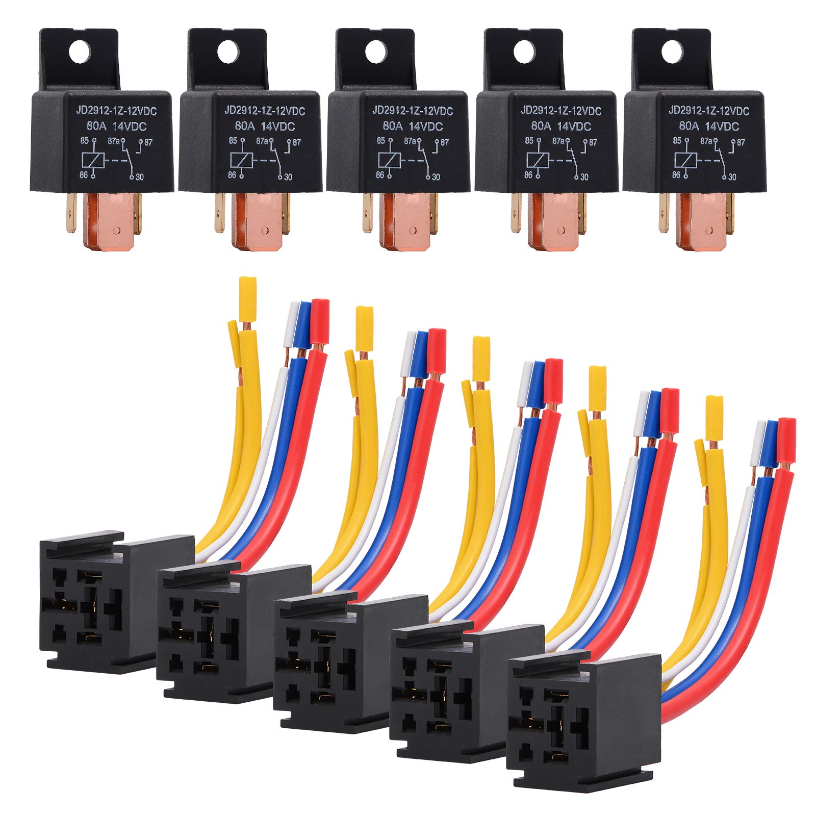 Ehdis 5 Packs Car Relay With Harness Truck Motor Heavy Duty 5-Pin 80A 12V Relay On/Off Normally Open Spdt Relay Socket Plug 5 Wire Automotive Relay Jd2912-1Z-12Vdc 80A 14Vdc