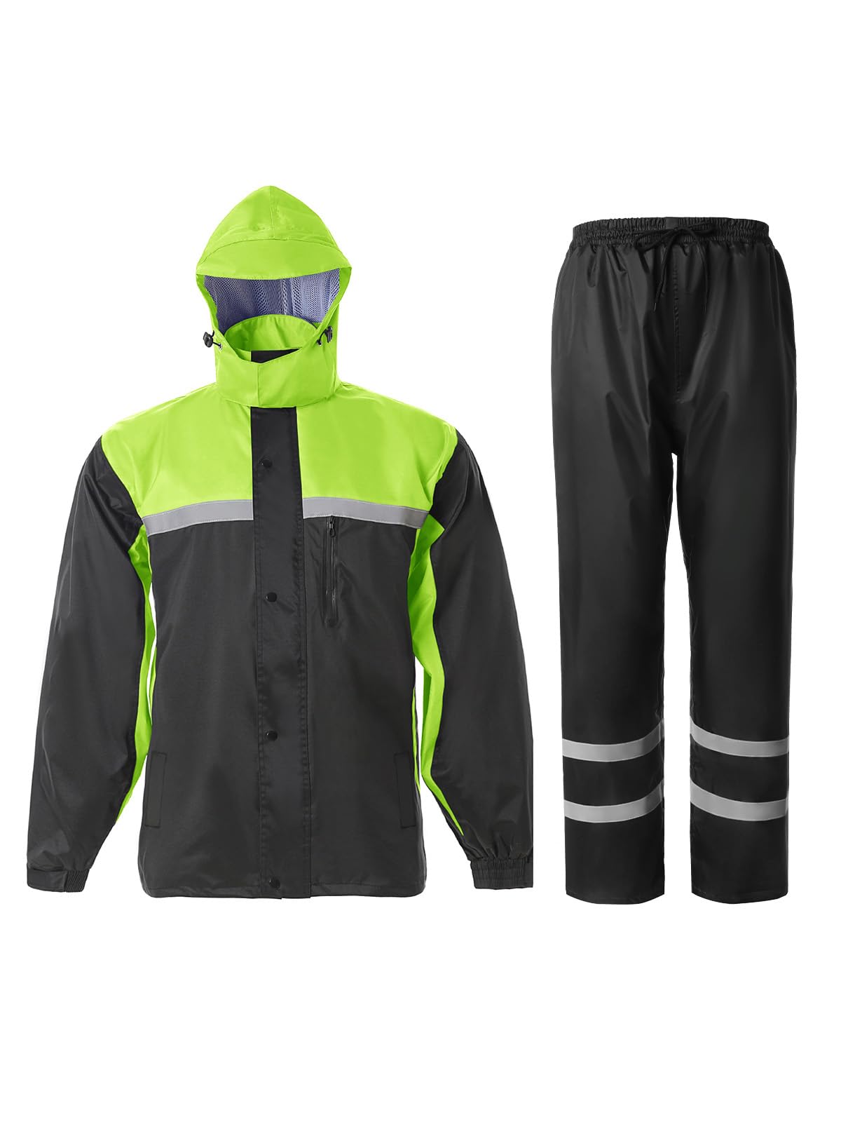 Saphirose Men'S Rain Suit High Visibility Reflective Work Rain Jacket Pants For All Sport Farm Fishing Motorcycle (Black/Green,Large)