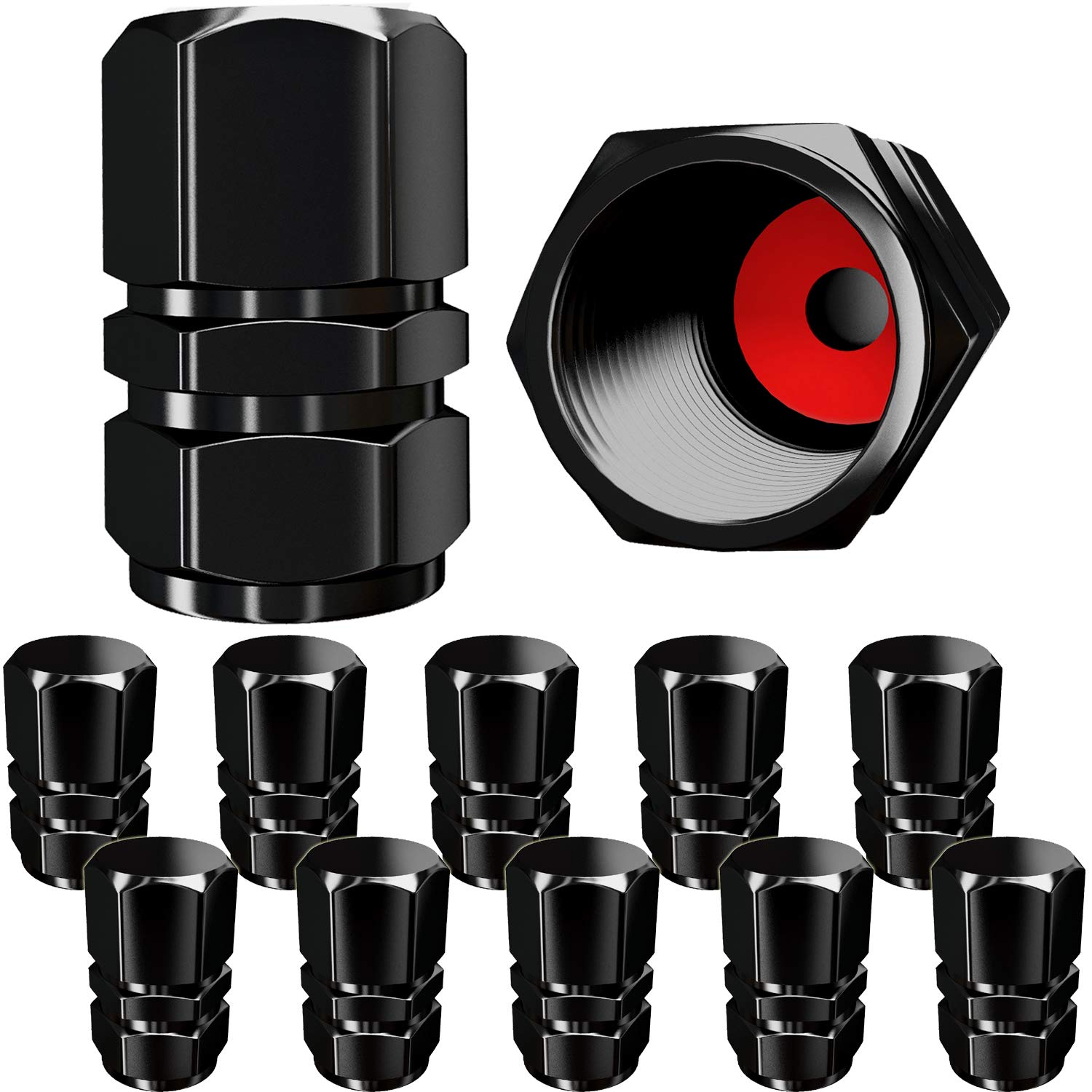 SAMIKIVA Heavy-Duty Tire Valve Caps (12 Pack) - Black Aluminum Alloy, Dust Proof, Leak-Proof, All-Weather Protection, Hexagon Design