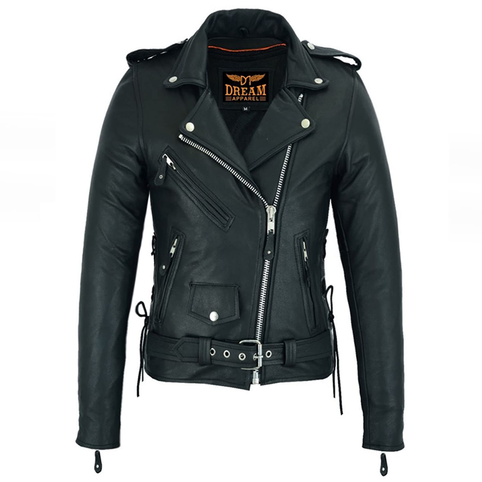 Dream Apparel Women’S Classic Leather Motorcycle Jacket With Zip Out Lining, Biker Jacket For Ladies With Side Laces (Black, Size Xs)
