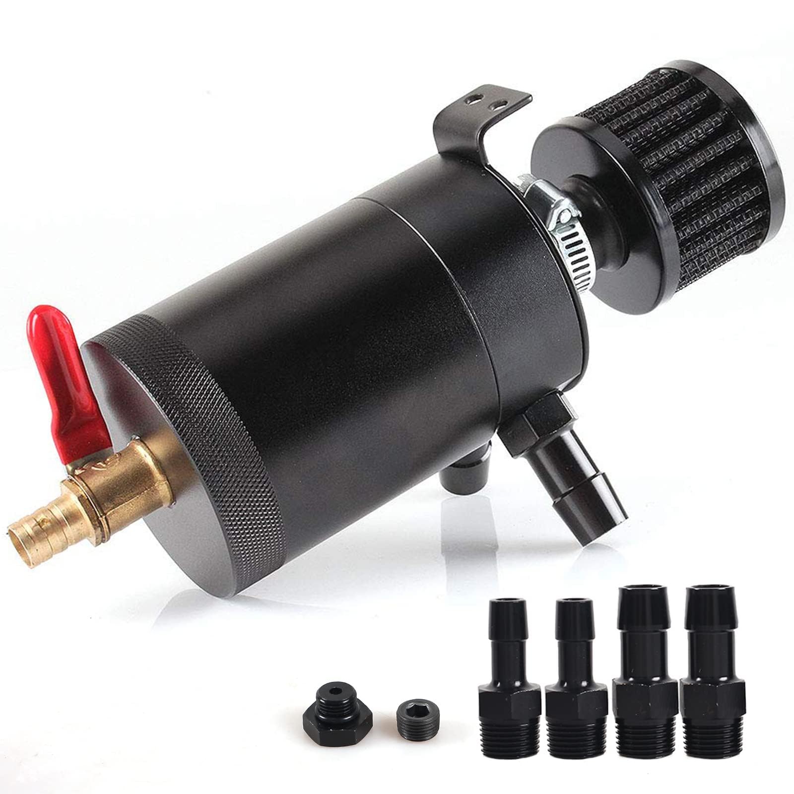 WENJTP 150ml Oil Catch Can Kit - Universal Aluminum Baffled Tank with 4 Adapters, 2 Ports, Breather Filter & Drain Valve, Black