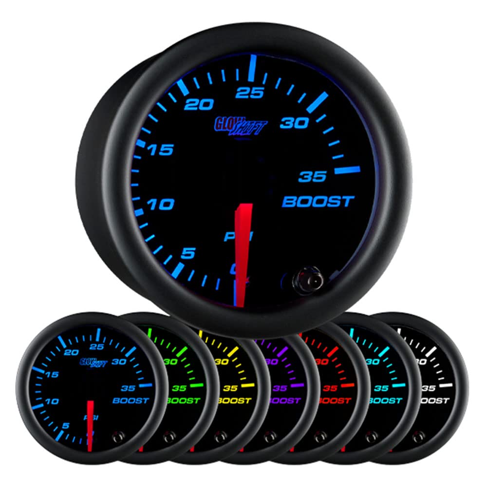 Glowshift Black 7 Color 35 Psi Turbo Boost Gauge Kit - Includes Mechanical Hose & Fittings - Black Dial - Clear Lens - For Car & Truck - 2-1/16 52Mm