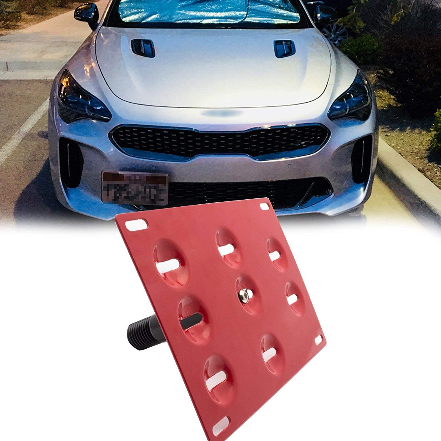 Xotic Tech Tow Hook License Plate Screw On Mount Bracket Compatible With Kia Stinger 2018-Up (Red)