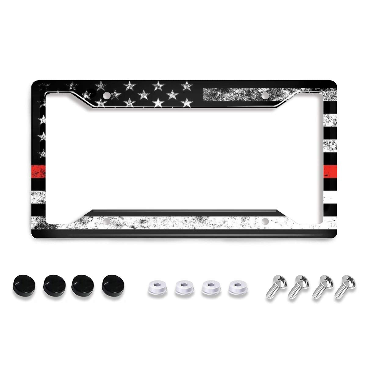 Personalized License Plate Frame Metal Aluminum Red Line Flag Firefighters License Plate Cover Car Tag Holder With 4 Holes And Screws For Women Men Auto For Usa Canada Vehicles Standard(12X6)