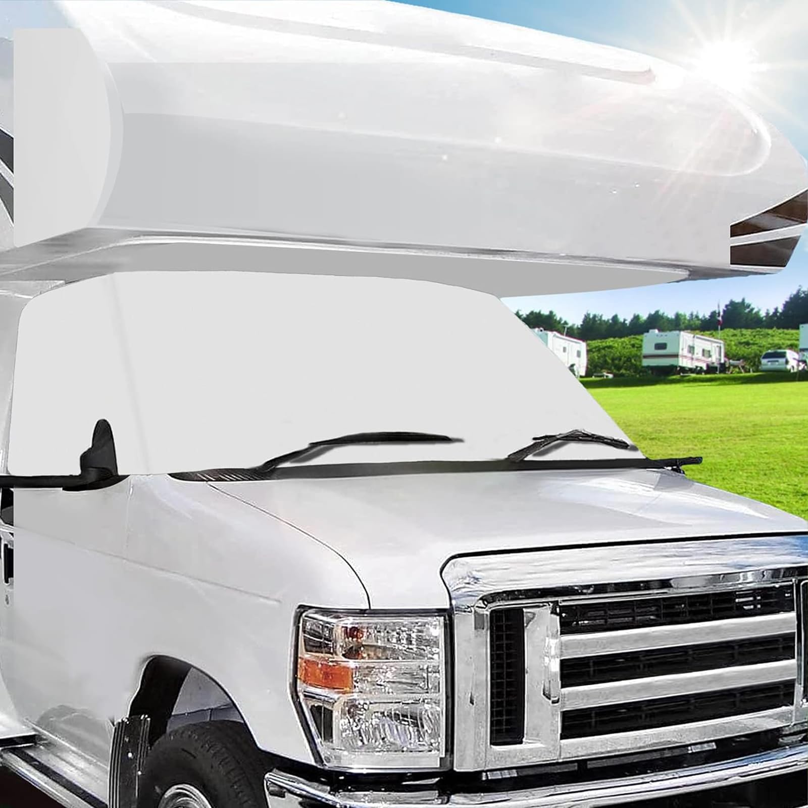 MOFEEZ RV Windshield Cover for Class C Ford 1997-2024, UV Block, White with Mirror Cutouts, Universal Fit, Complete Privacy