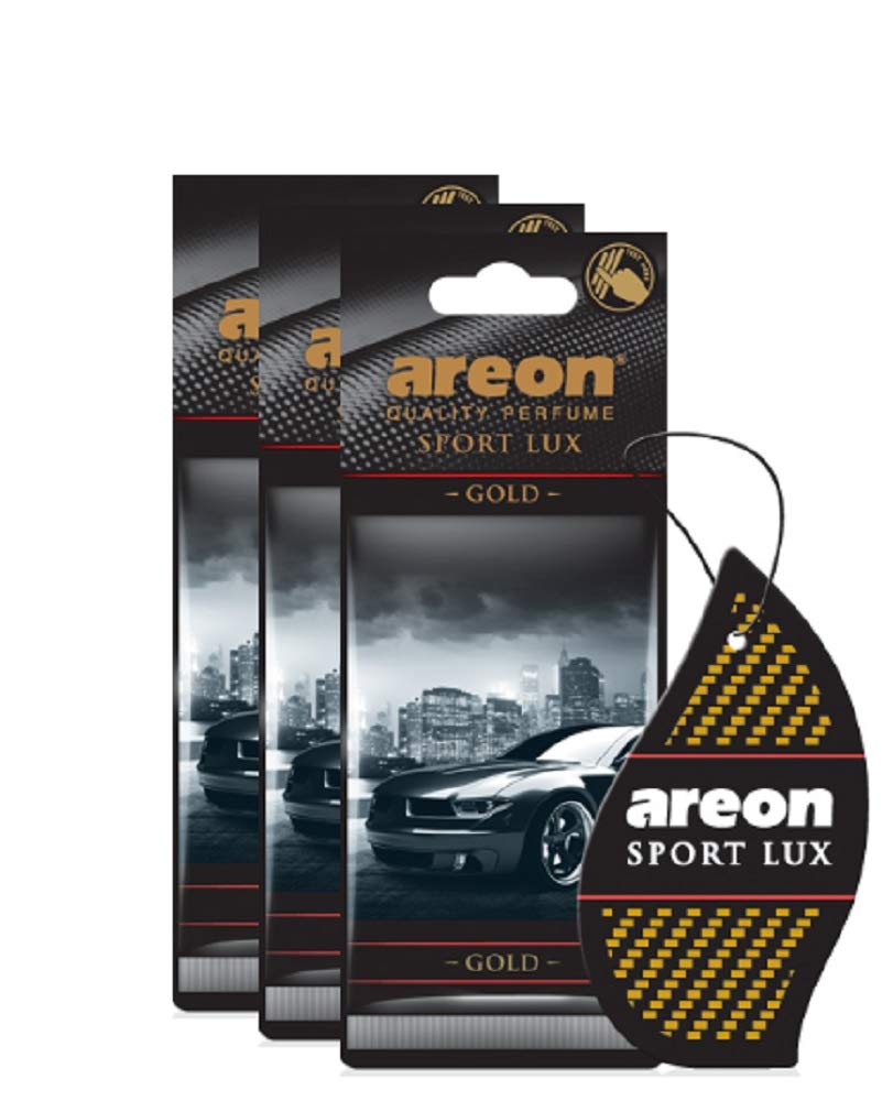 Areon Sport Lux Gold - Hanging Cardboard Air Freshener For Car, Home & Office - Premium Cologne Perfume With Natural Fragrances - Long Lasting, Fresh, Luxurious Scent - Stylish Design, Pack Of 3