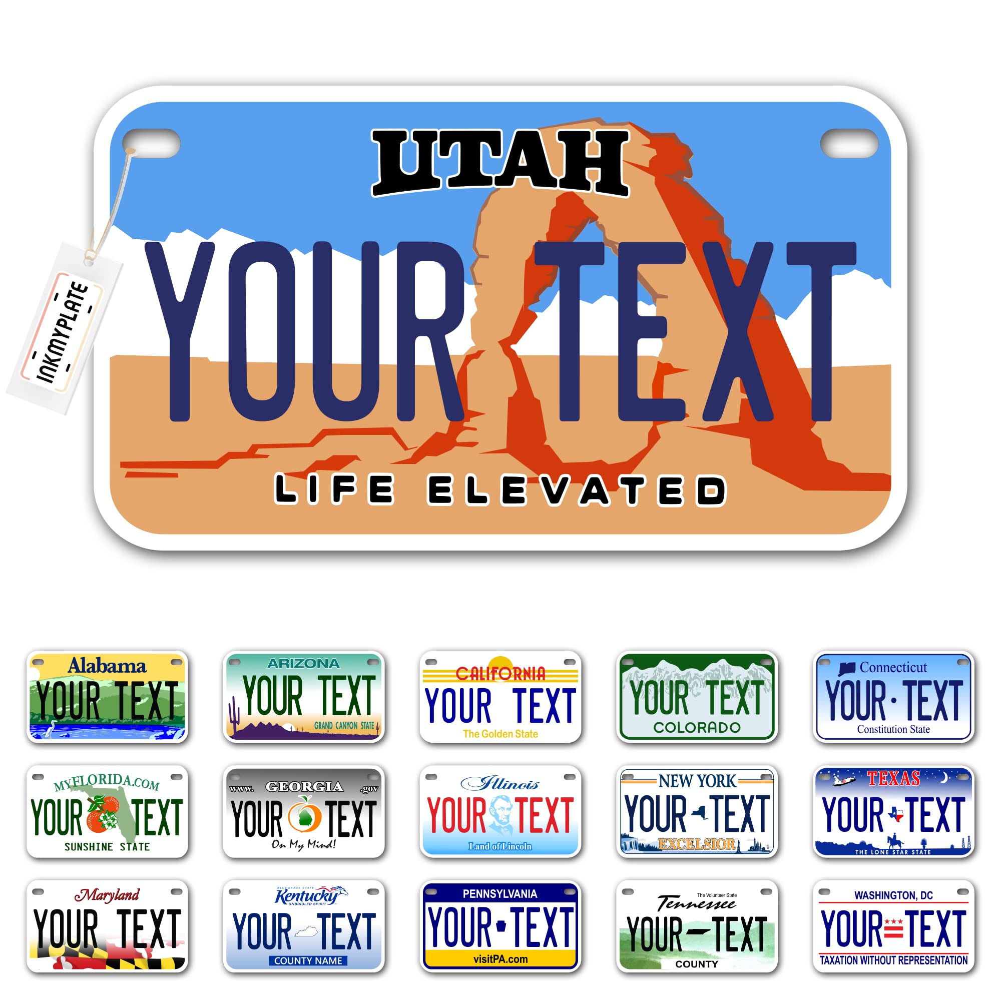 Inkmyplate Personalized Utah Small License Plate | Motorcycle 7X4 In | 3 Sizes | Custom License Plates For Kids Bicycles | Power Wheels | Wagons | Atv | Usa Thick .040 Aluminum