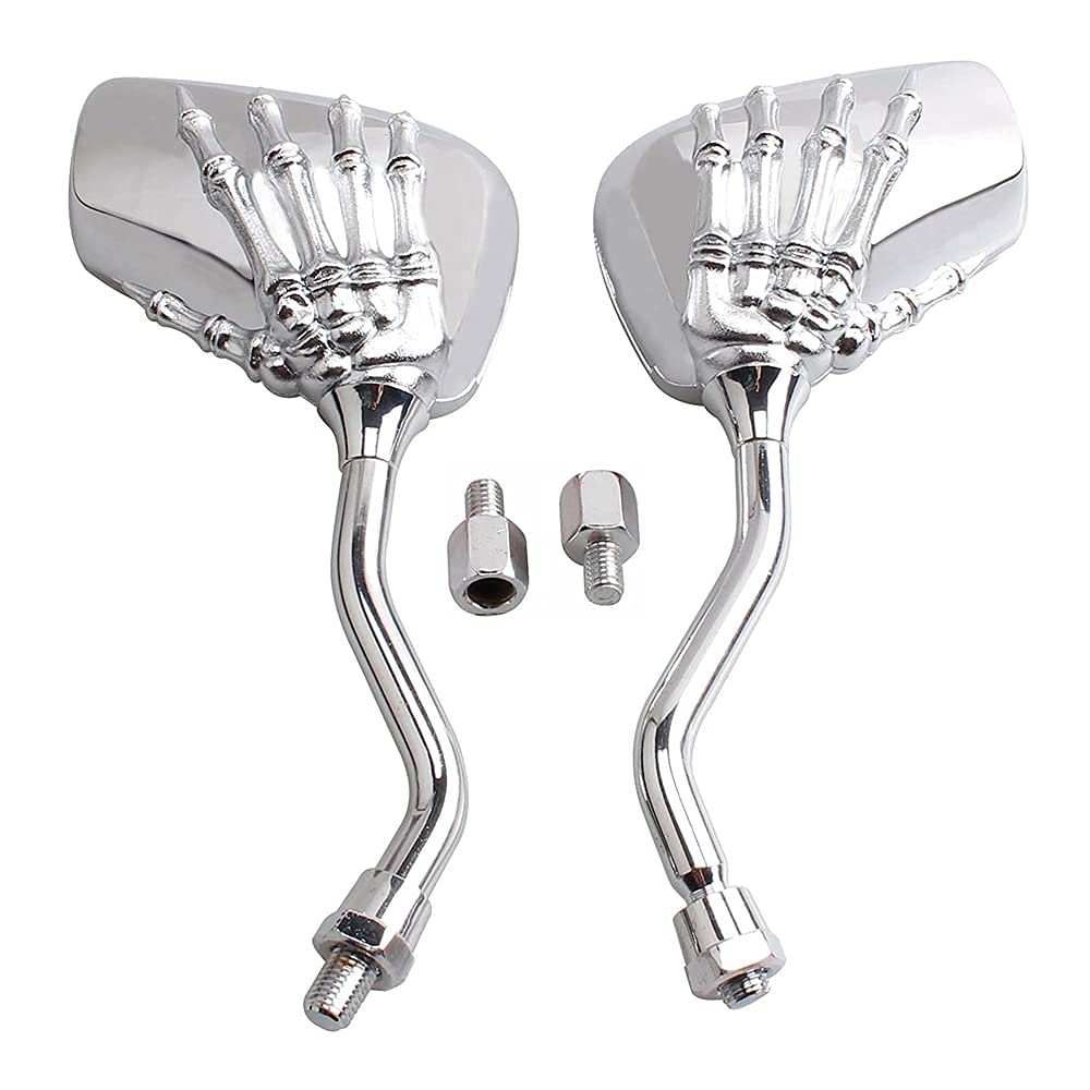 Pairs Of Distinctive Skull Skeleton Hand 8Mm 10Mm Rearview Side Mirror For Motorcycle Scooter Moped Bike Standard Bike (Silver)