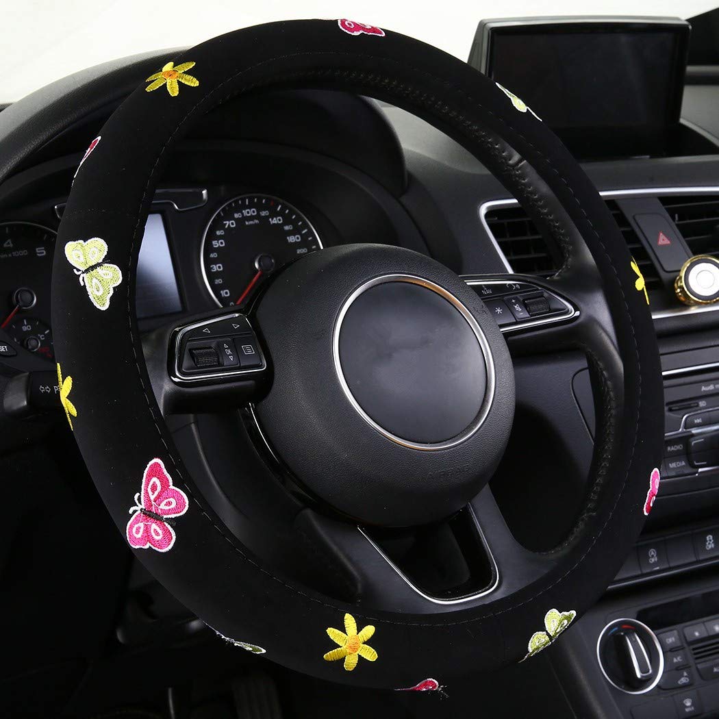 Shakar Butterfly Steering Wheel Covers- Embroidery Cute Colorful Steering Decor,Universal 15.2,Black (Black)