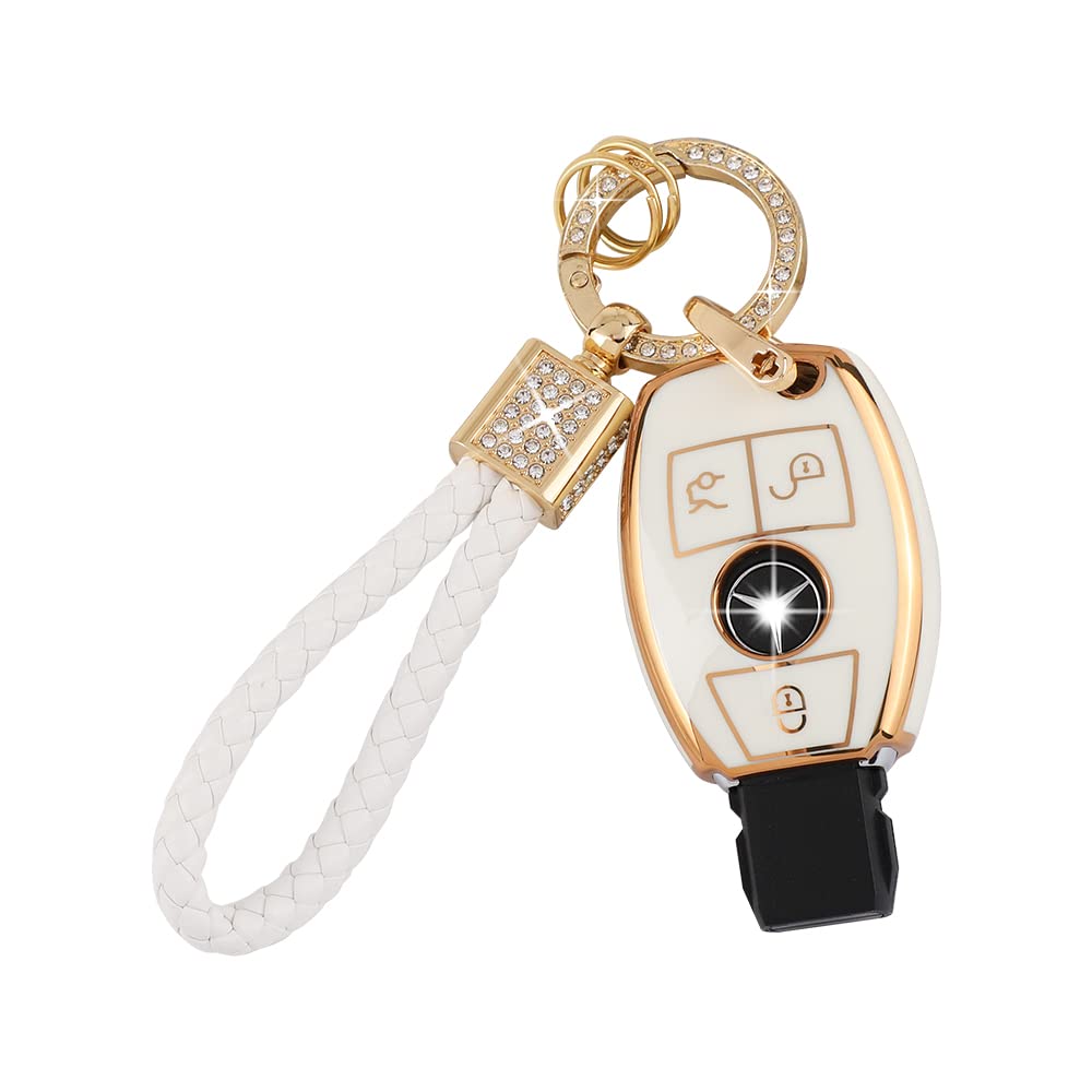 Pifoog For Mercedes Key Fob Cover Tpu Key Case Soft Car Keys Protector Fit Mercedes Benz Amg C E M S Cls Cla Glk Gla Glc Gle Smart Remote Key Keychain Girly Women White Gold